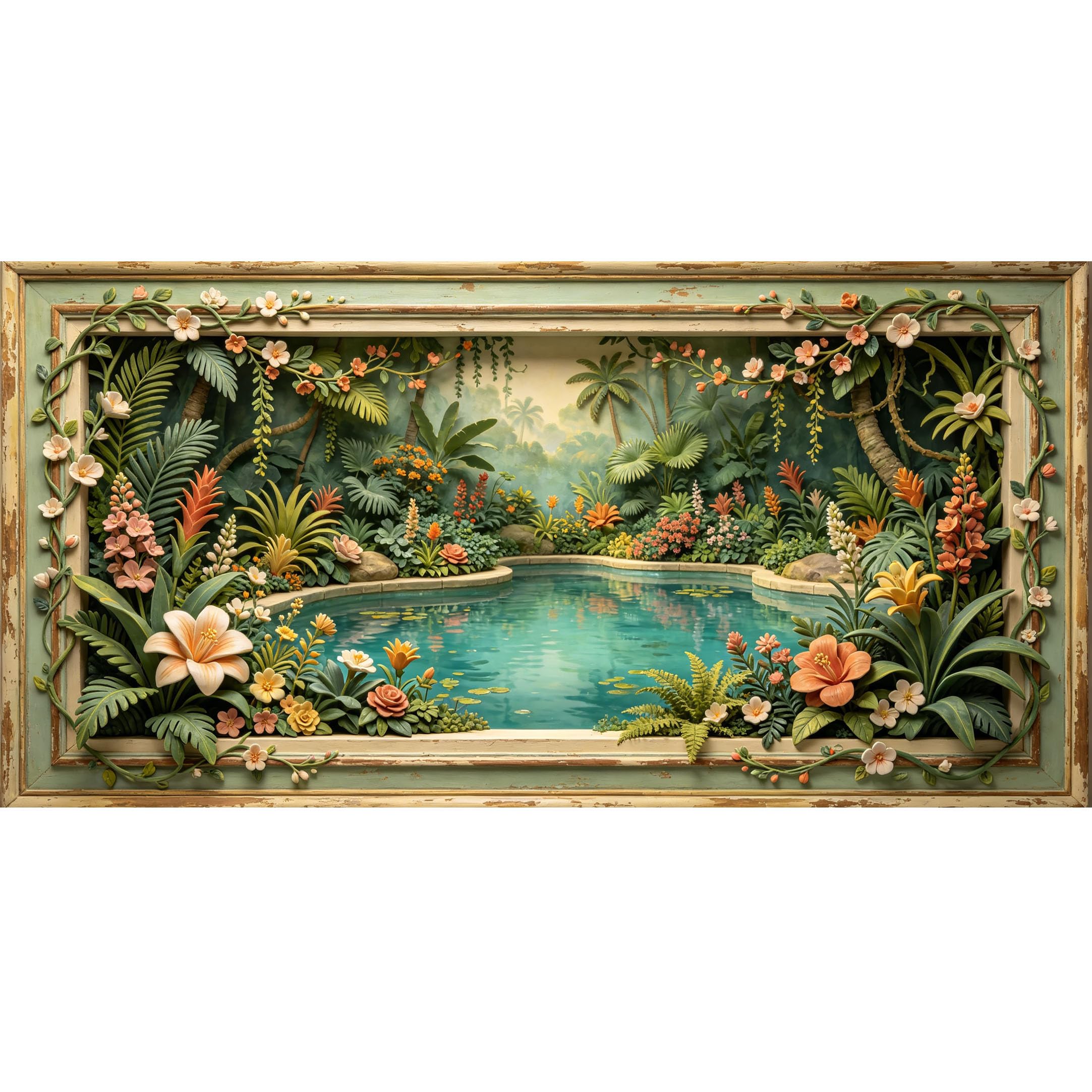 Agglomerix 3D Framed Wall Art Tropical Pond Jungle Botanical Relief Effect Large Size SelfAdhesive Removable Wall Decor Prints Artwork for Living Room Bedroom Office