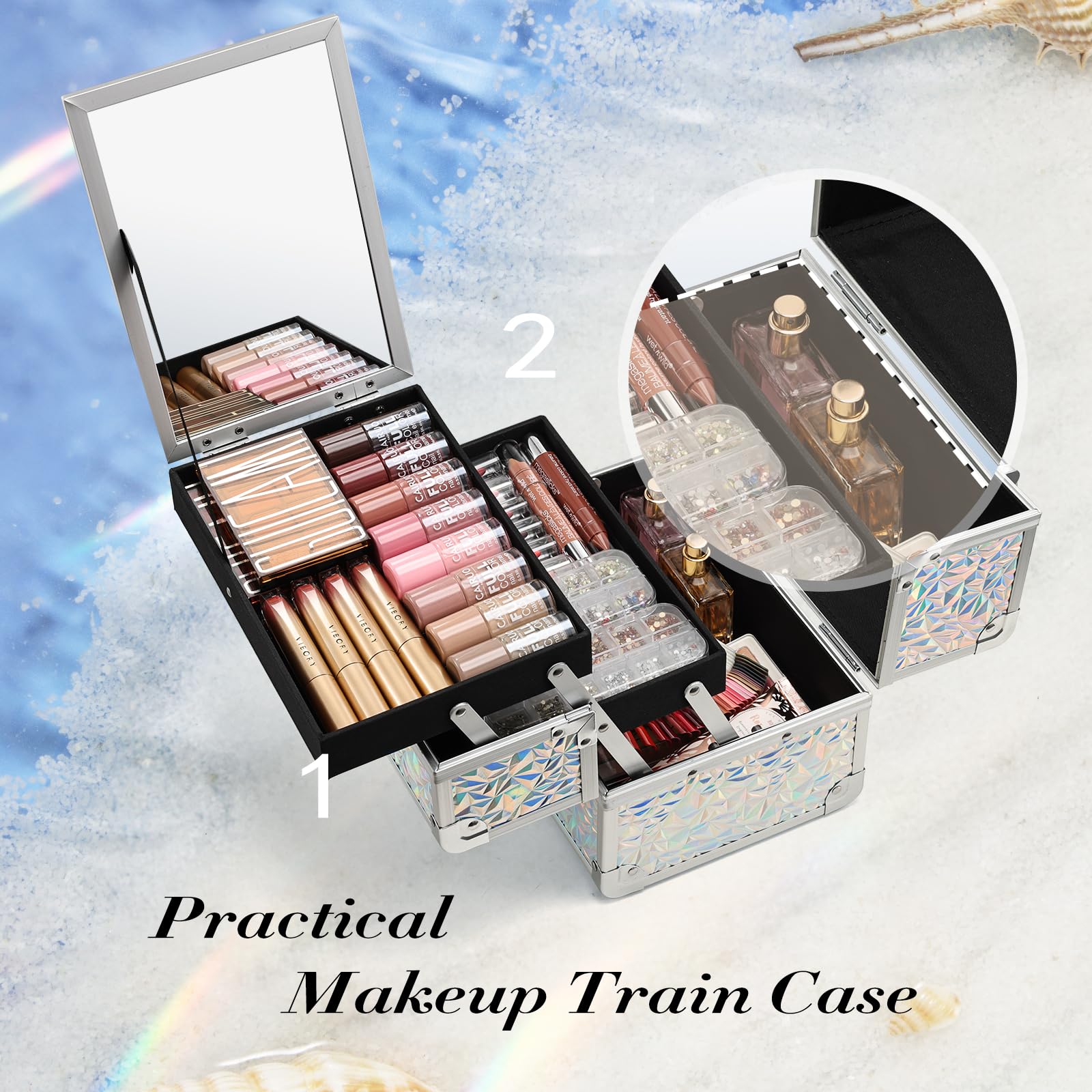 Joligrace Vanity Case - Scatola per trucchi e cosmetici, organizer per trucchi e gioielli, con specchio, chiudibile a chiave, Argento brillante, argento