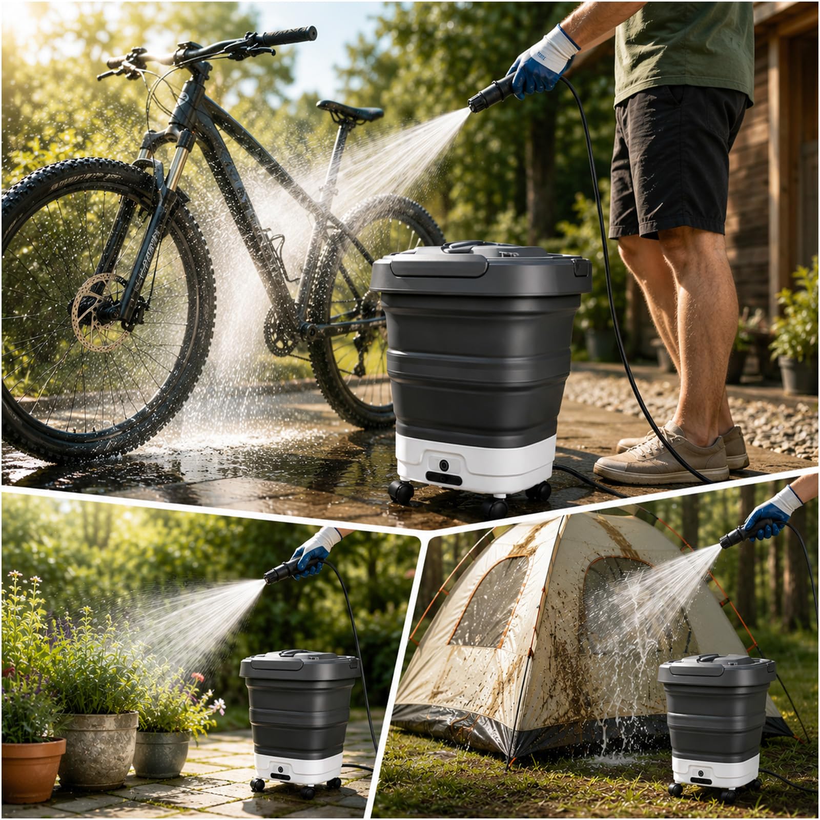 Hidrolimpiadora Portátil Plegable con Depósito de Agua 12L de WanderS – Inalámbrica, Ruedas, Boquilla 4 en 1 y Función de Pulverización Eléctrica – para Coche, Camping, Jardín, Mascotas y Hogar