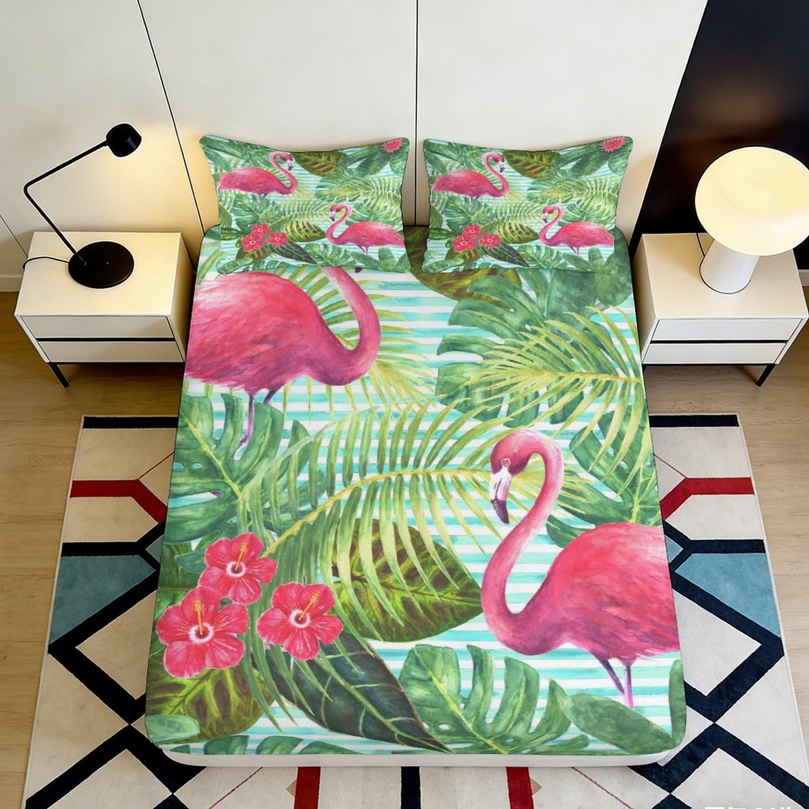 3D Printed Flamingo Tropical Leaves Fitted Sheet Microfiber Soft Durable 3D Printed Hibiscus Bed Cover for Bedroom Dormitory Guest Room Mattress Protection 120x200x25cm