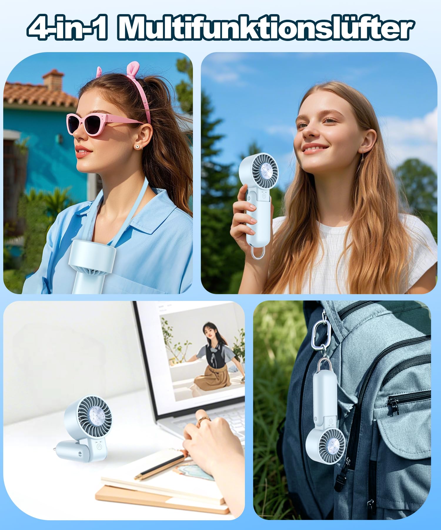 Handventilator mit Kühlfunktion, Mini Ventilator Tragbar Akku Wiederaufladbar, Faltbar USB Tischventilator, Taschenventilator Leise 5 Stufen, Kleiner Reiseventilator für Outdoor, Sport - Blau F2606