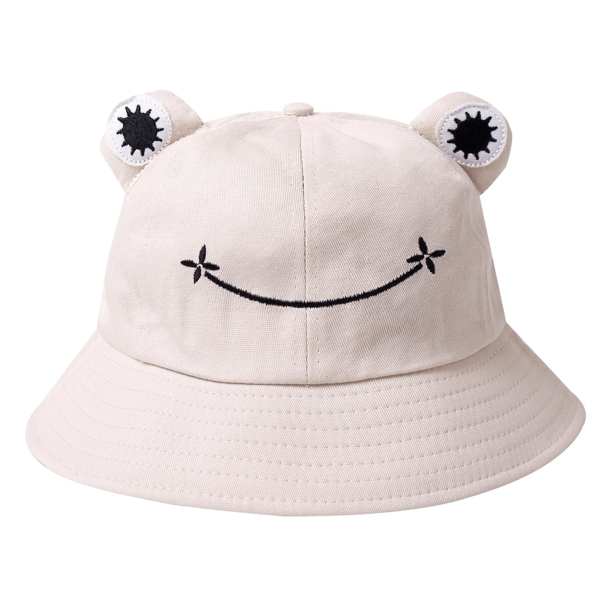 Fufumin Women's Beige Frog Bucket Hat Cute Cotton Wide Brim Fisherman Sun Hat For Adult Girls