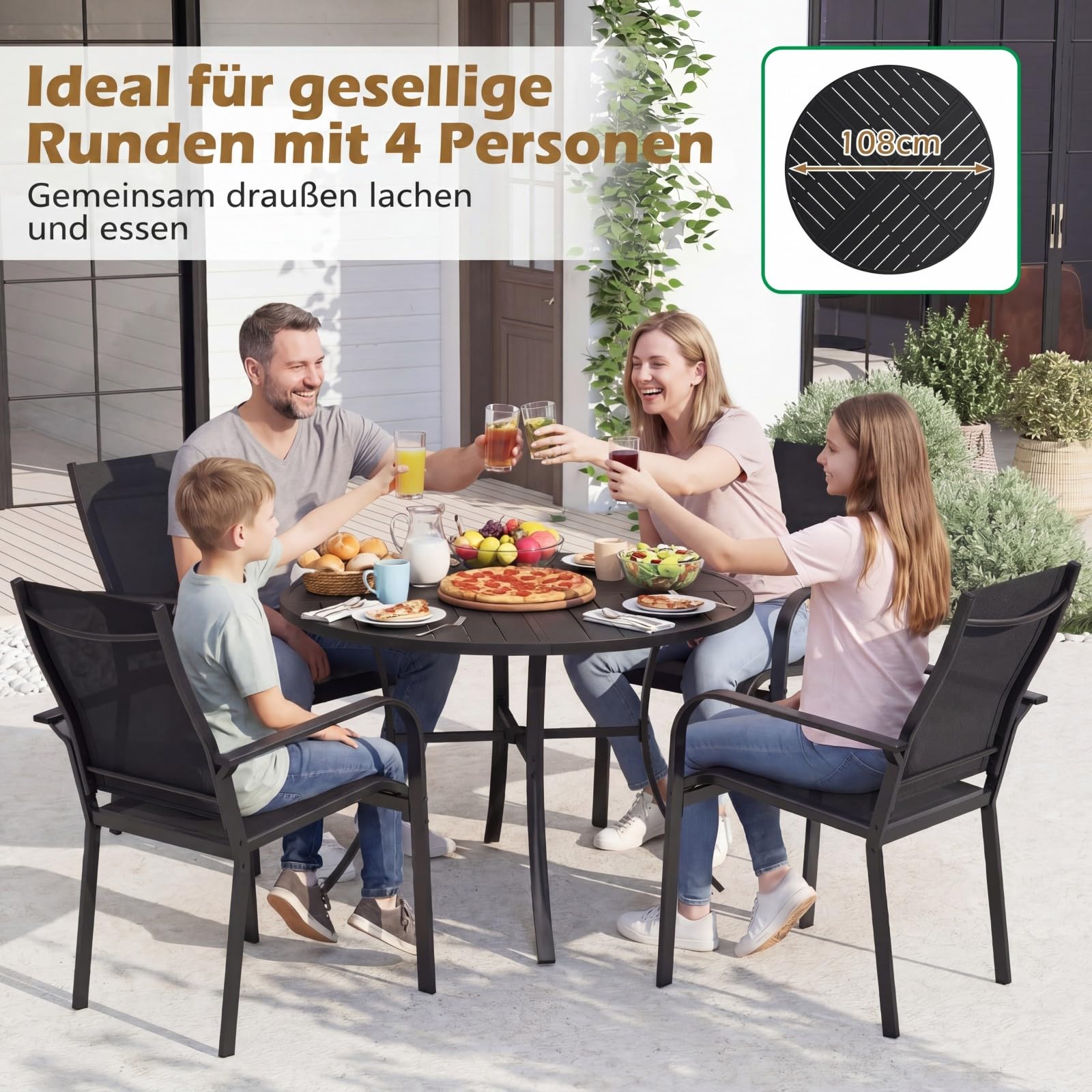COSTWAY Gartentisch Metall, 108x108cm, wetterfester Terrassentisch mit Schirmloch, runder Balkontisch für 4 Personen, Outdoor-Esstisch für Garten, Terrasse, Balkon, Schwarz