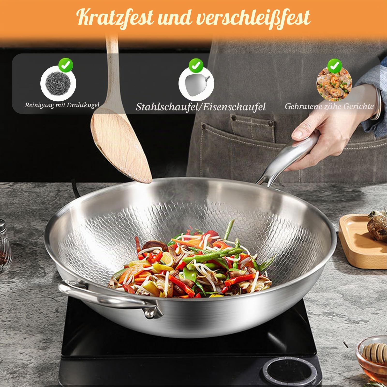 Edelstahl Wokpfanne 30 cm mit Deckel Bratpfanne,Verdickt Ultra-Haltbar Titan Bratpfanne Edelstahl Wokpfannen mit Deckel induktionsgeeignet,Backofenfest bis 400°C,Unbeschichtet