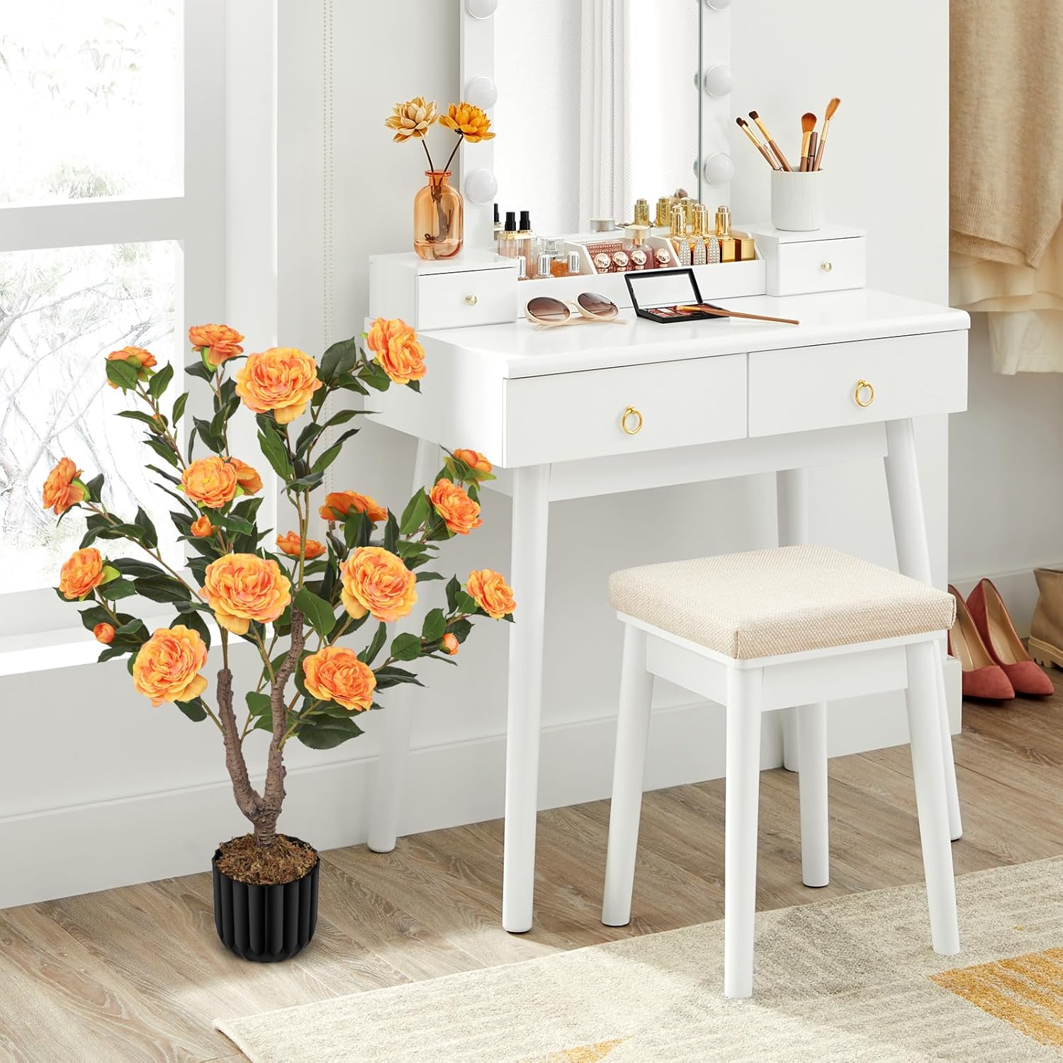 Artificial Camellia Tree for Indoor and Outdoor, Faux Flower Tree Plant in Pot Fake Topiaries for Home Front Porch Decor (2, Orange)