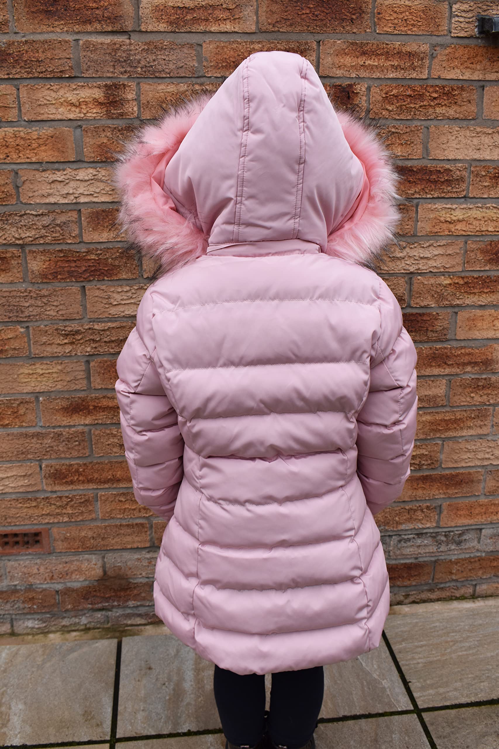 Carbone Fashion Cappotto Puffa Giacche Giubbotto Bambina, Lunghezza Media, con Zip Metallica, con Pelliccia Rosa (CFW1915-Pink) Rosa età 9-10