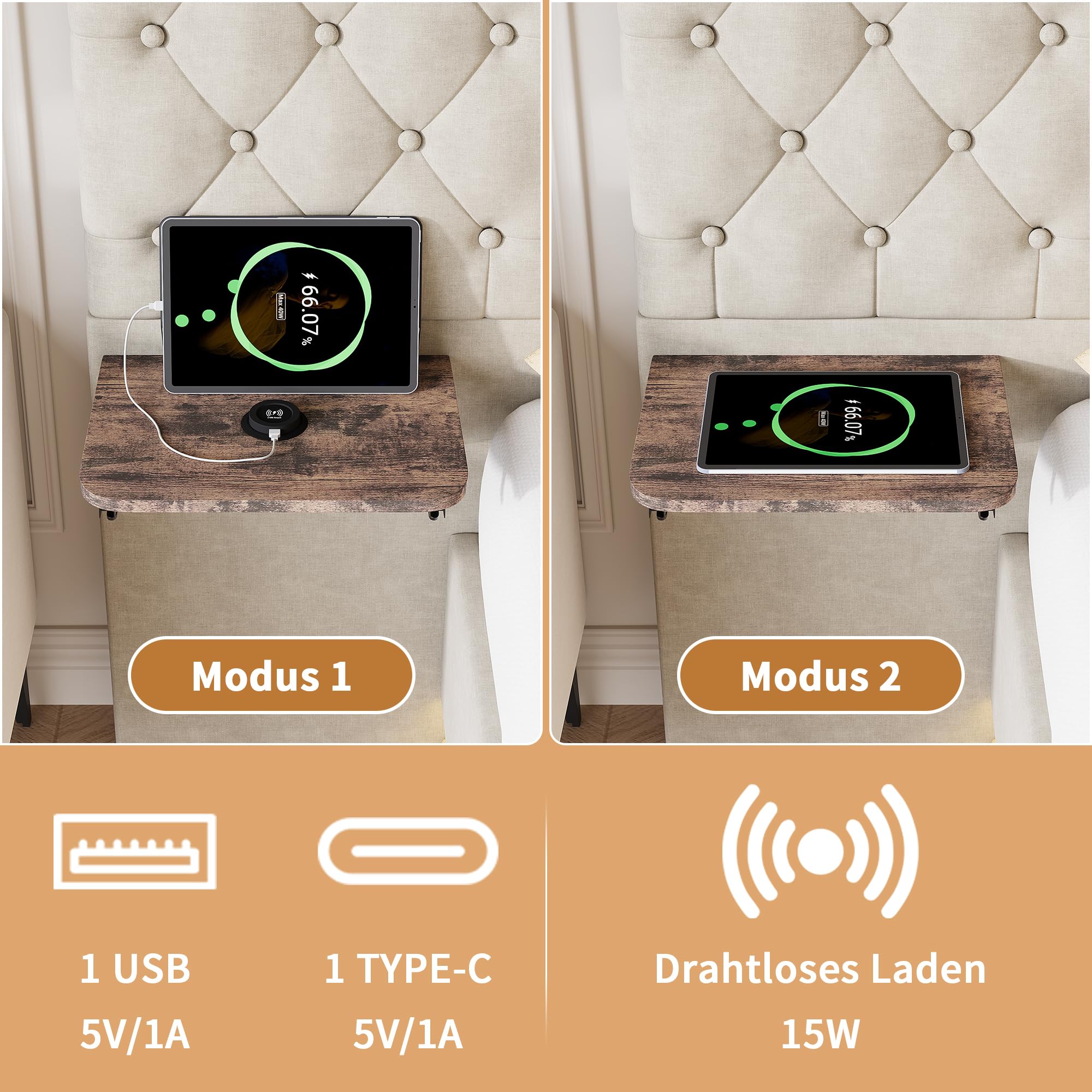 Bett 140x200 mit Bettkasten, Polsterbett mit LED und USB, Doppelbett mit Langem Kopfteil mit Ablage, Jugendbett, Boxspringbett Bettgestell mit Lattenrost, Leinen, Beige, ohne Matratze