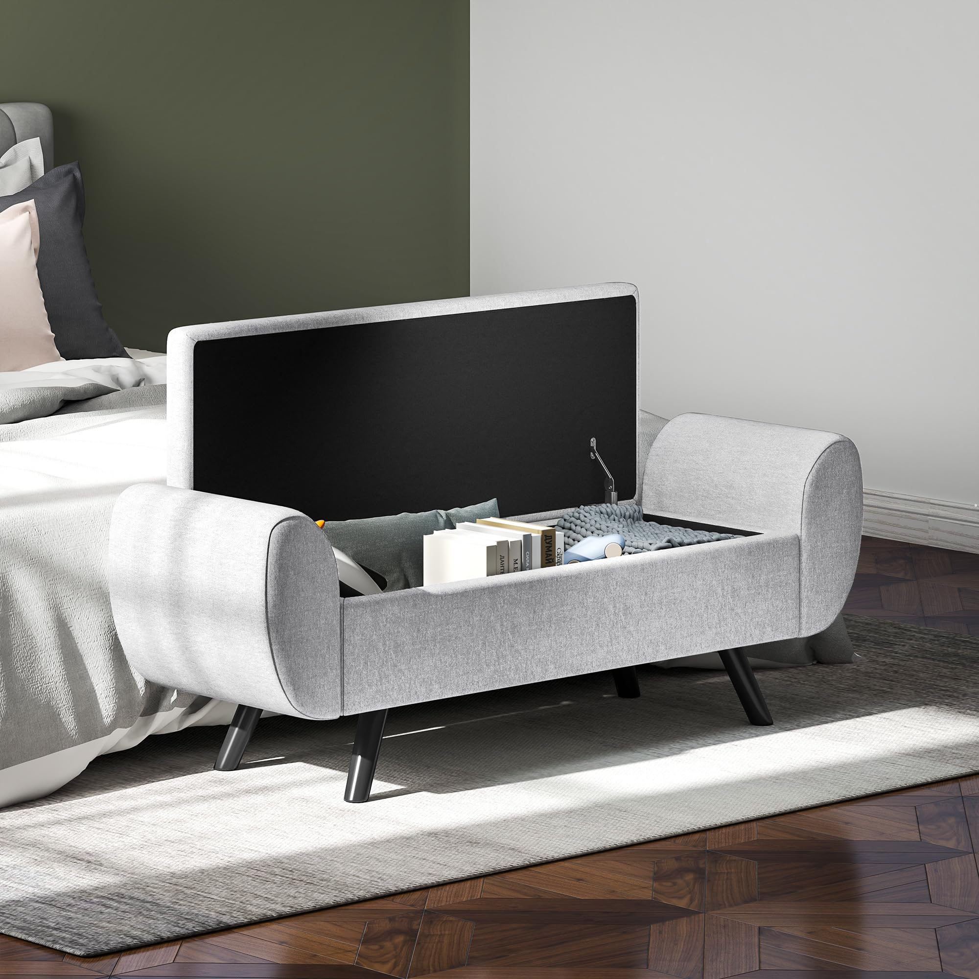 HOMCOM Panca Contenitore Fondo Letto con Braccioli, Pouf in Tessuto con Gambe in Legno e Vano da 53.8L, per Camera e Salotto, 132x42x50 cm, Grigio
