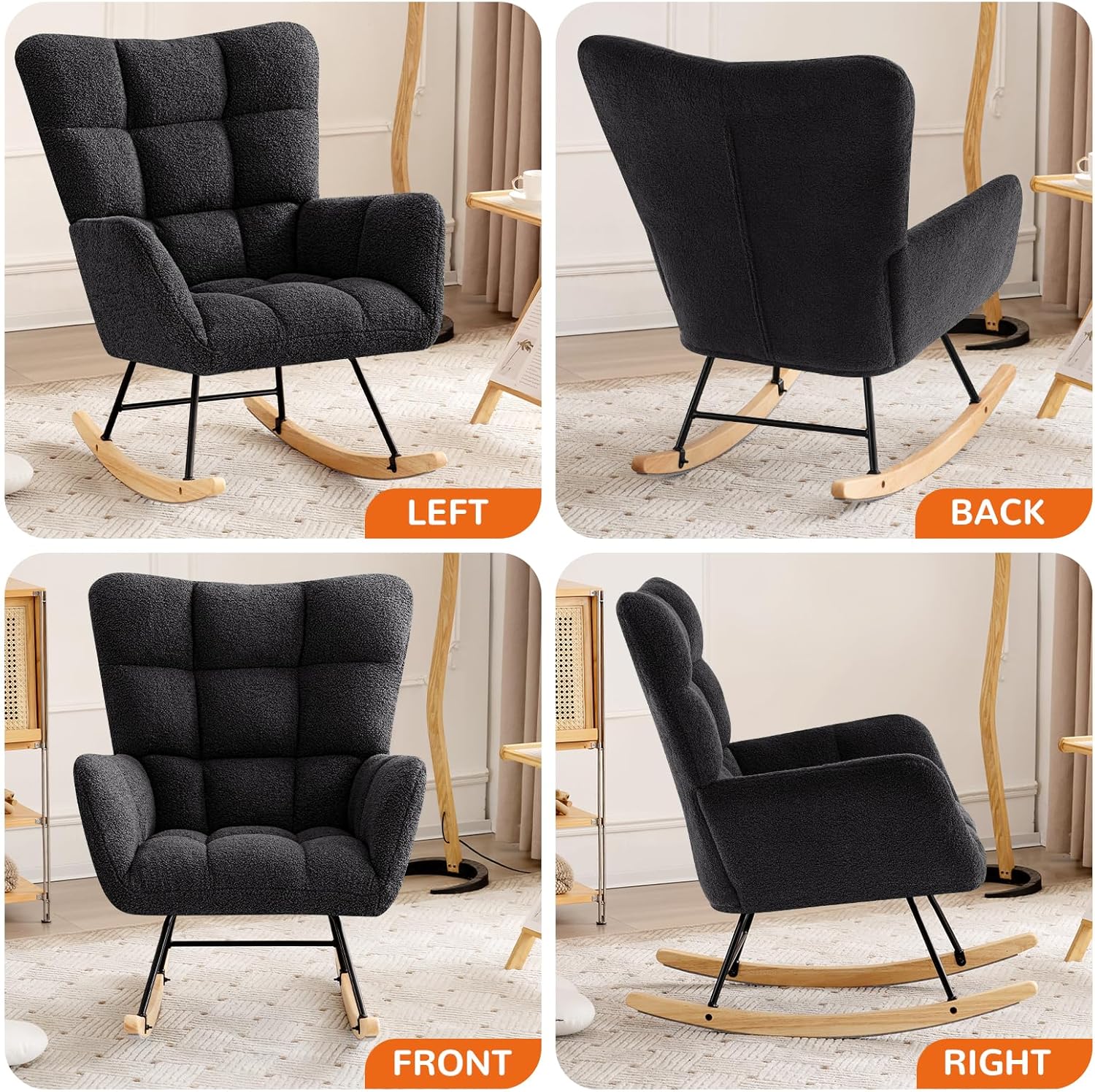 Furniliving Sherpa Rocking Chair Nursery, Comfy Upholstered Glider Rocking Armchair with High Backrest and Suitable Armrest, Rocker Glider Chair Soft Side Chair for Bedroom, Home Office(Black)
