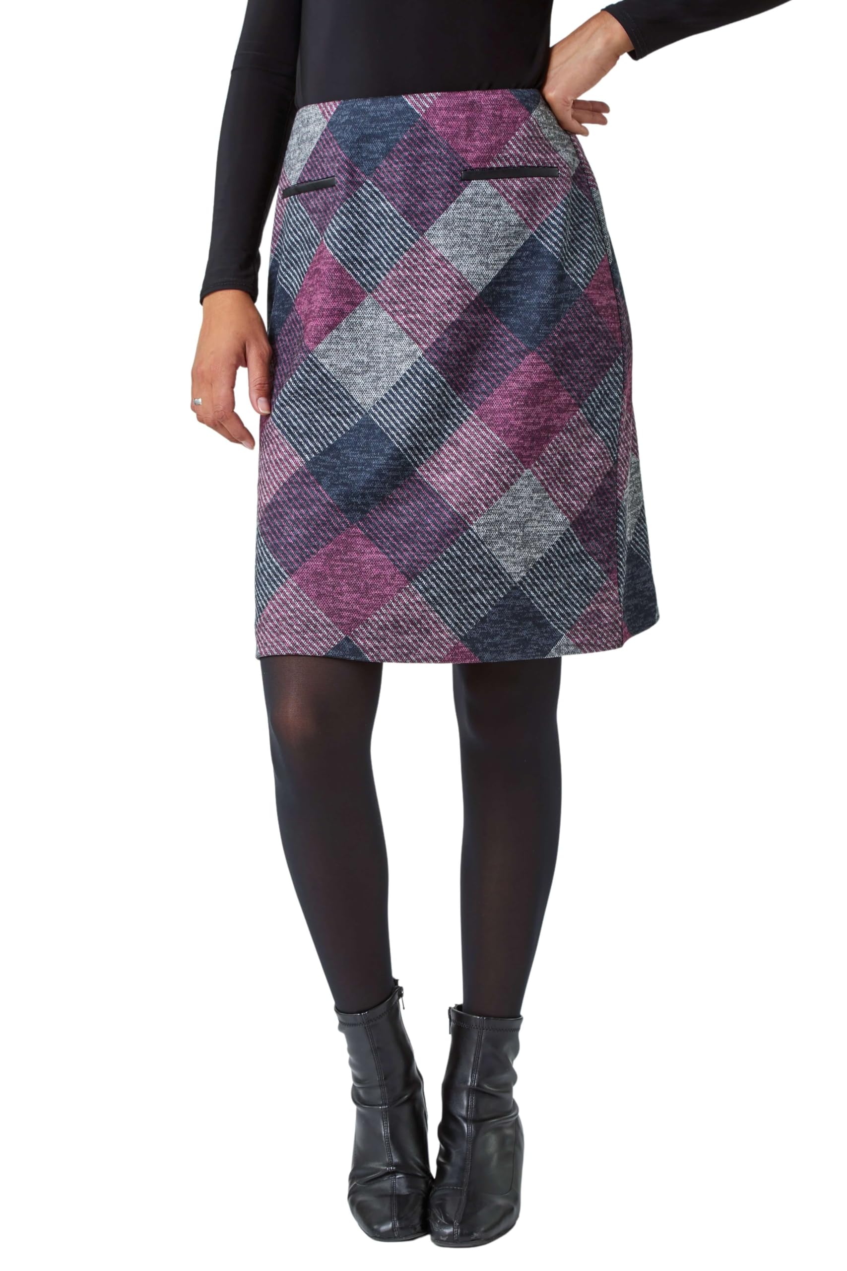 Roman Originals Women's Rose Grey Skirt For Women Uk - Ladies Brushed Short Stretch Smart Casual Work Office Meeting Mini Straight Fitted Bodycon Jersey Pull On Soft Checked Elasticated Waist - - Size 20