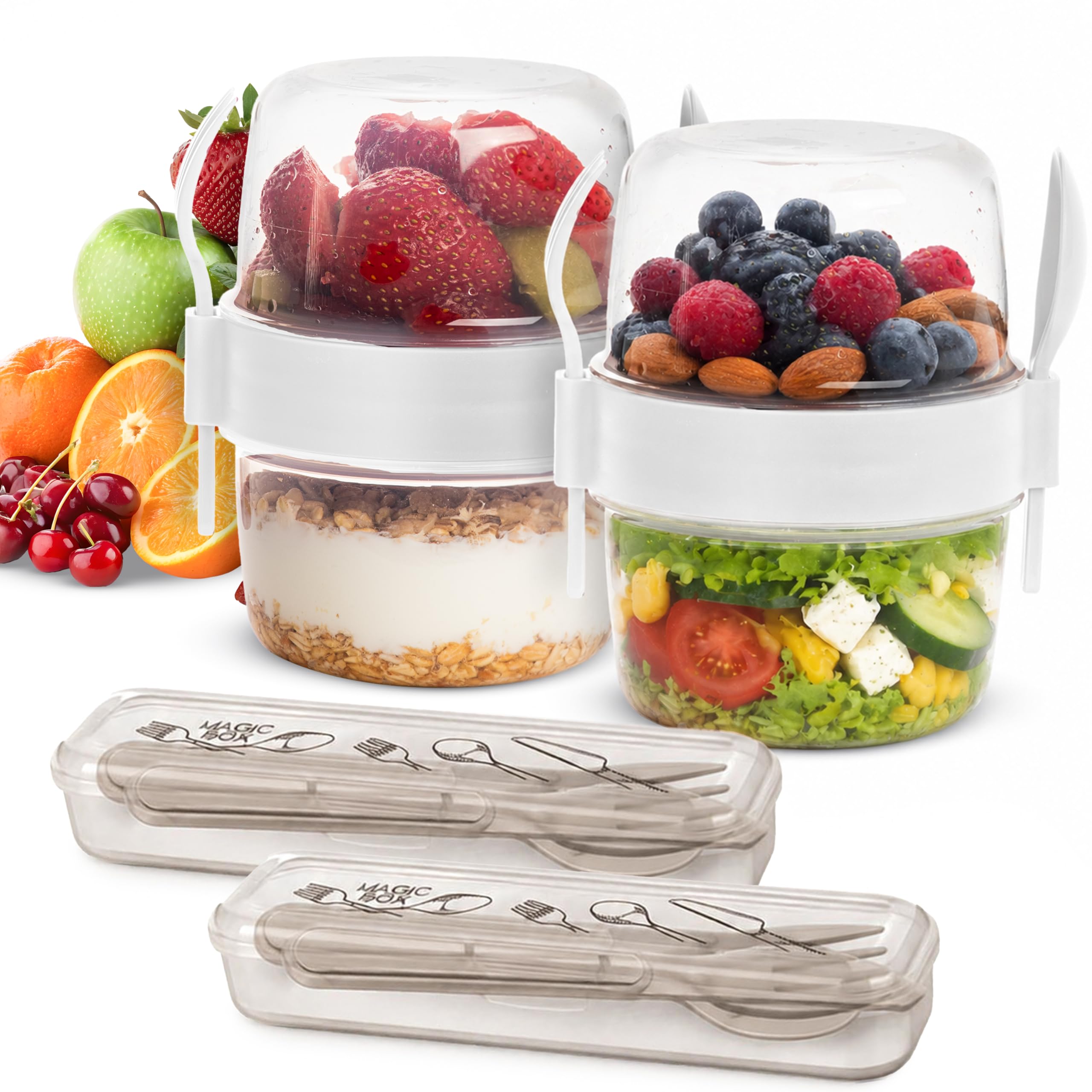 800 ml Overnight Oats Jar Plastic Yogurt Pot Overnight Oats Container, Breakfast Pots with Lids for On-the-Go, Porridge Container, Dishwasher Safe, BPA Free - Includes 2 Cutlery Sets (White_2Pack)