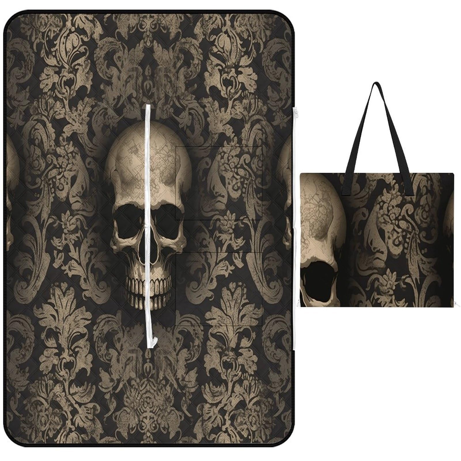VstaDank Gothic Wallpaper Skull Picnic Mat 150x100cm Extra Large Picnic Blanket with Zipper Waterproof Sandproof Beach Blanket Portable Beach Mat Foldable Camping Blankets for Park Grass Lawn Travel