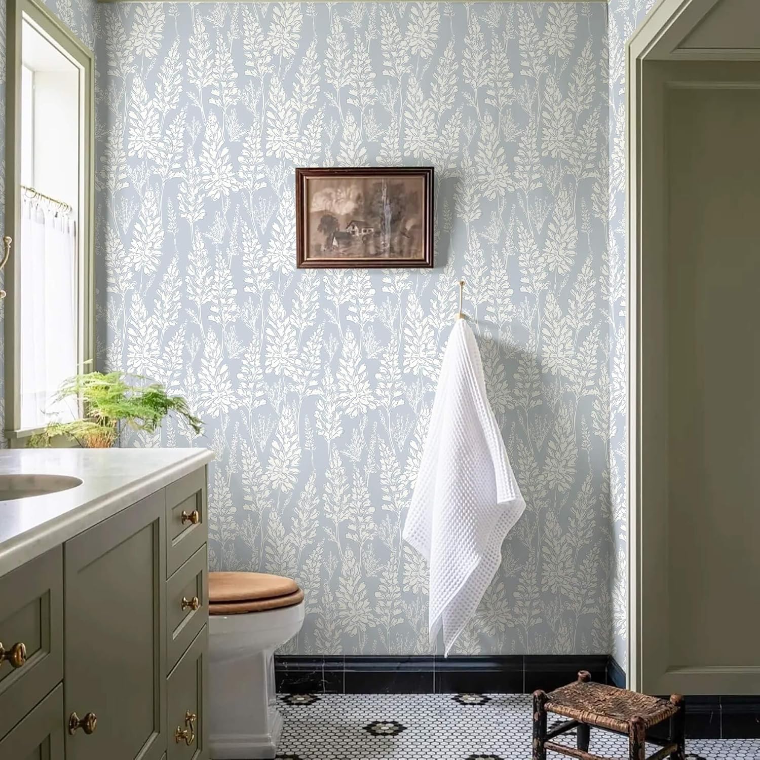 Ismoon Floral Peel and Stick Wallpaper Boho Blue Contact Paper 17.3'' x 393'' Neutral Wallpaper Renter Friendly Removable Self-Adhesive Wall Paper for Bedroom Kitchen Wall Decor Vinyl