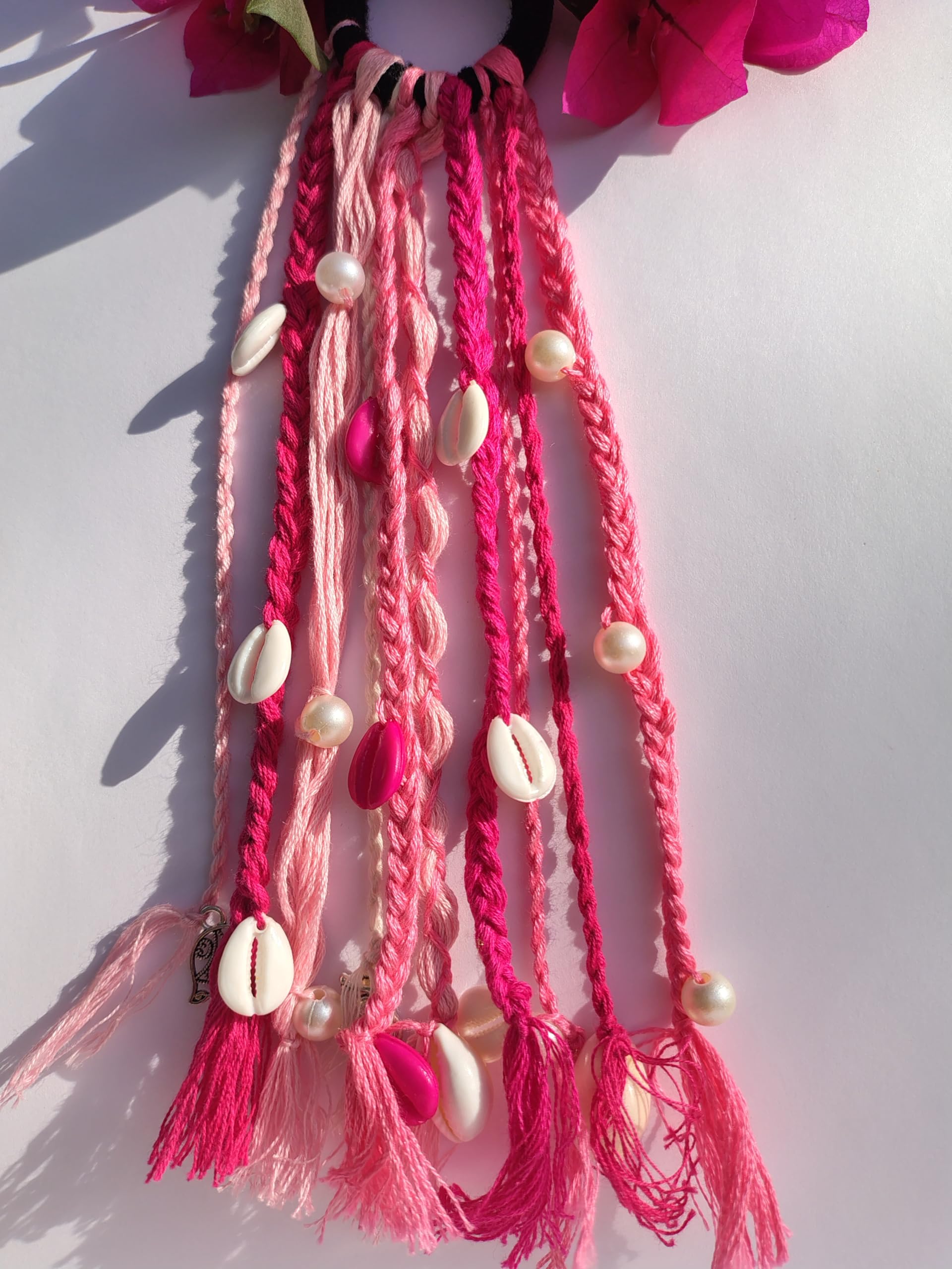 Bohemian Hair Accessory with Braided Tassels, Pink Ombre Cord, Pearl and Shell Beads, Boho Hair Bandbohemian,multicolour tassels,mirror work,silver chain,navratri,boho shells, cowrie shells,hair accessories, handmade hair accessories,-image-12