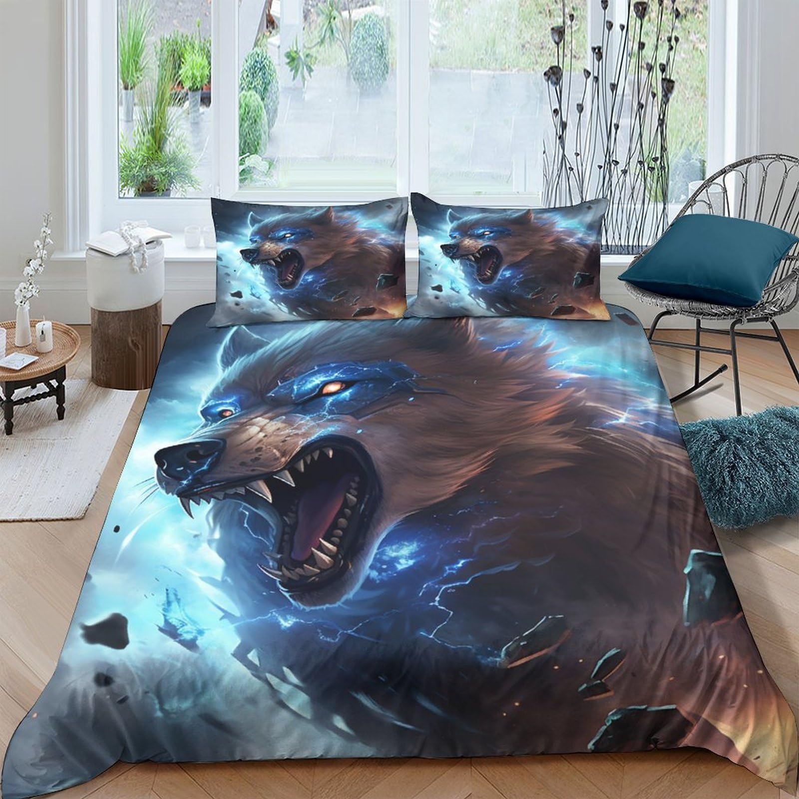 Ctjqhvkz Style-10 3D Printed Fierce Wolf Fitted Sheet Microfiber Blue Lightning Bed Cover For Bedroom Dorm Decor Mattress Protector Single（135X200cm）