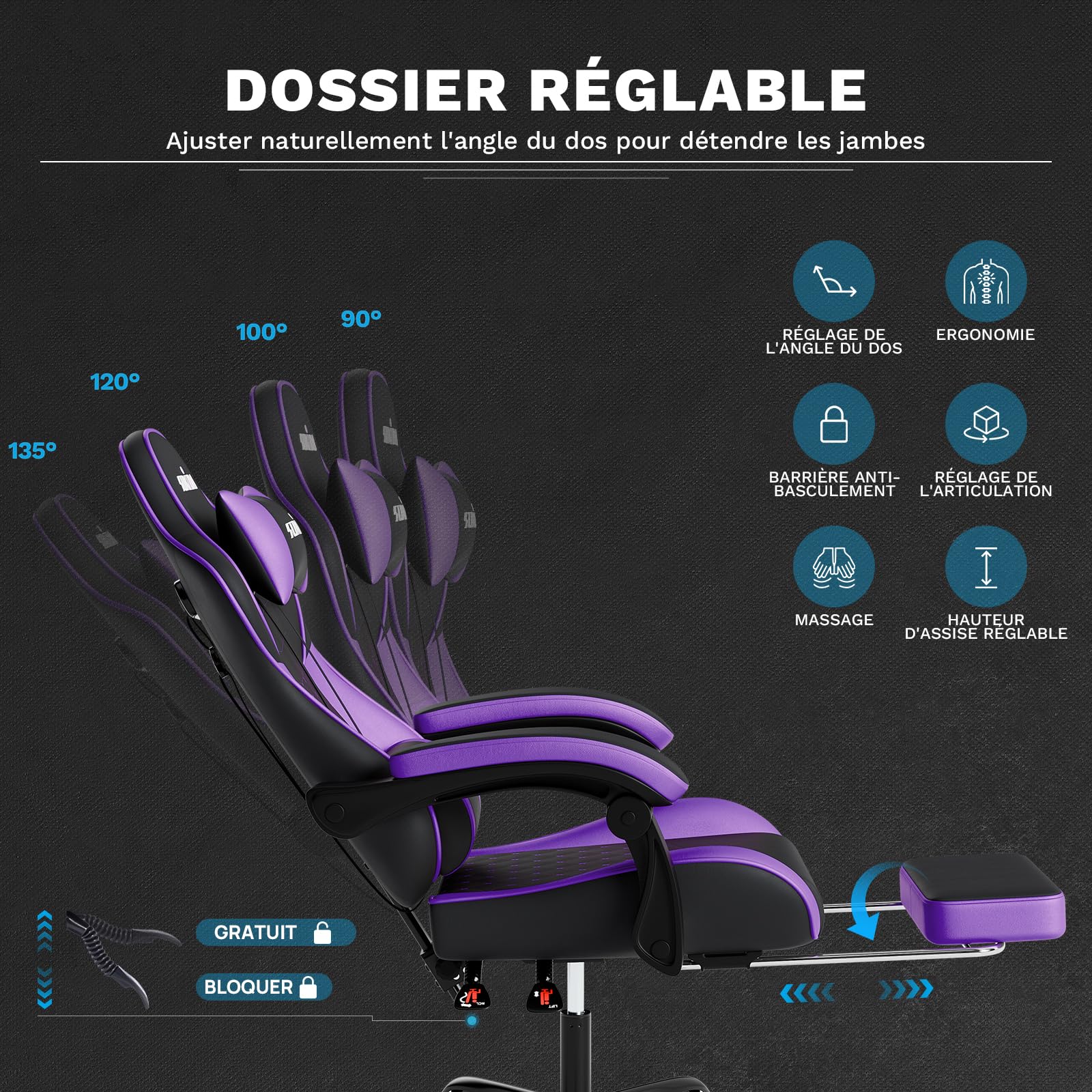 SUKIDA Chaise de Jeu, Chaise d'ordinateur Ergonomique avec Repose-Pieds, Chaise de Bureau Confortable avec appuie-tête, Chaise de Jeu Massage pour Adulte, Chaise d'ordinateur réglable en Hauteur