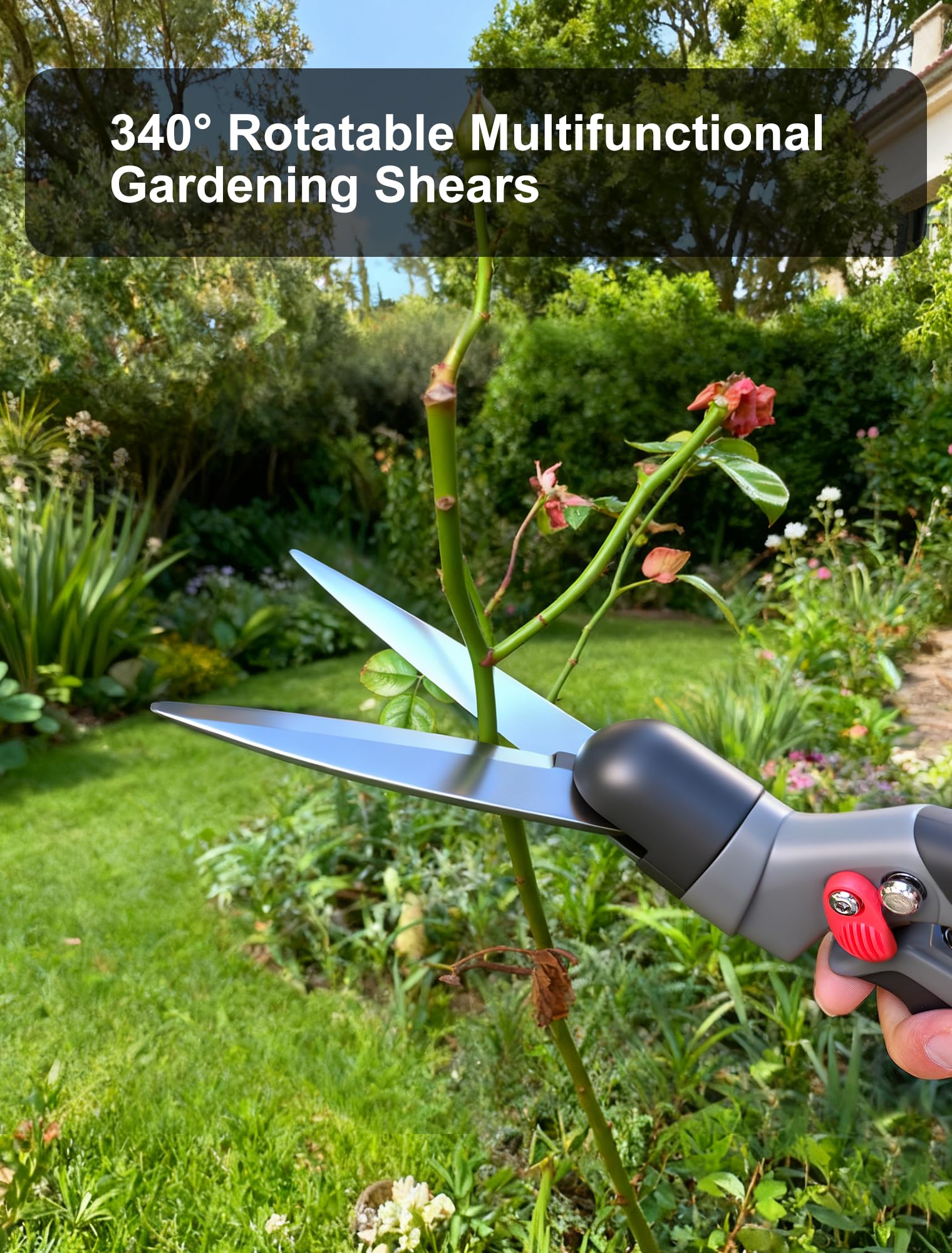 Cisailles à gazon, lames pivotantes à 340° en acier inoxydable, Comfort ciseaux de jardinage portatifs et tranchants avec tranchants orientables revêtement anti-adhésif