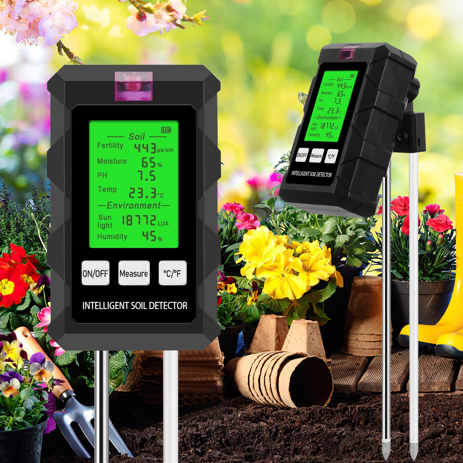 Testeur de pH du sol 6 en 1 avec écran LCD pour analyser l'humidité et la fertilité du jardin