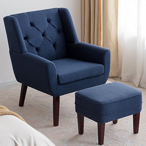 HUIMO Silla decorativa con otomana, sillón tapizado con botones, sofá de tela de lino, silla de lectura para sala de estar, silla para dormitorio, disponible en Yaxa Peru