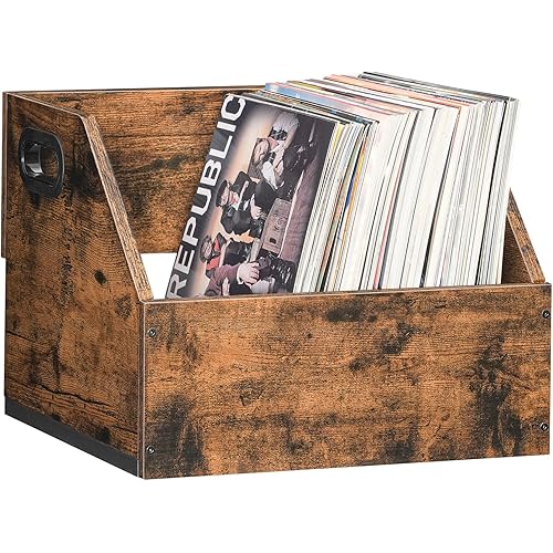 HOOBRO Vinyl Record Storage Crate, Record Holder, Wooden & Metal LP Record Crate with Handles, Album Storage Box, Easy to Assemble, for Albums, Books, Holds up to 60 Records, Rustic Brown BF01CW01G1