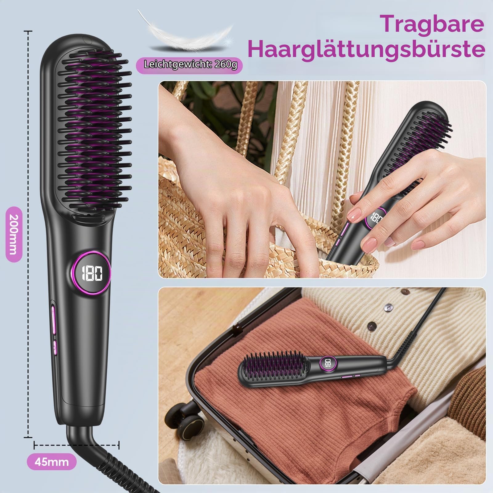 Glättbürste Keramik, Professioneller Glätteisen & Haarbürste, Haarglätter Bürste 9 Temperaturen, Ionen Haarglätterbürste, Schnelles Aufheizen, 140-220℃, LCD-Display, Anti-Verbrühungs