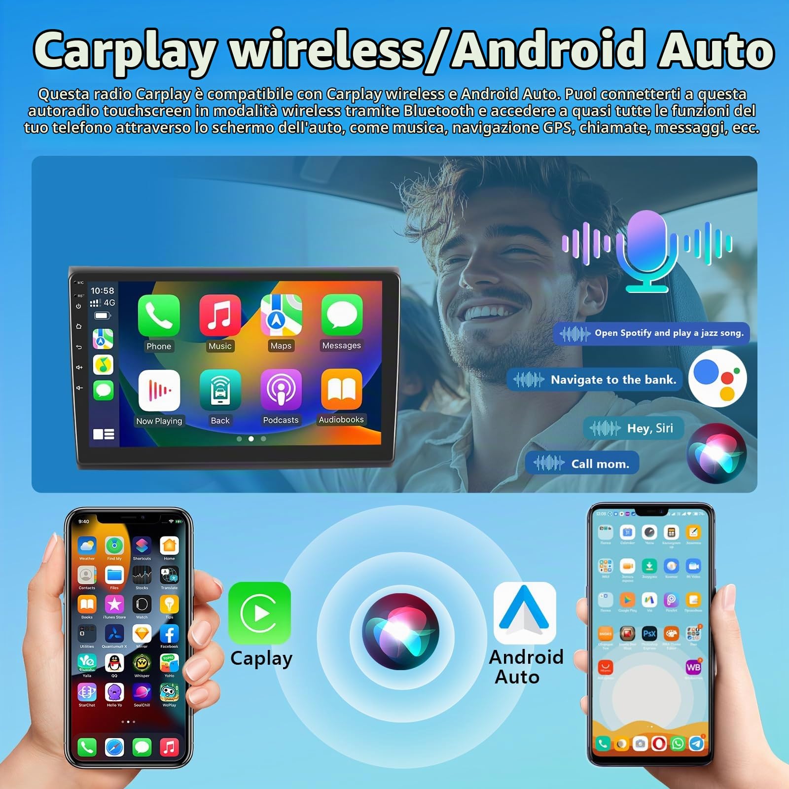 Autoradio per Fiat Bravo 2008-2013 con Wireless Carplay Android Auto, 2GB+ 64GB Bluetooth GPS Navigation WiFi FM/RDS Radio SWC EQ DSP Canbus+Telecamera Posteriore