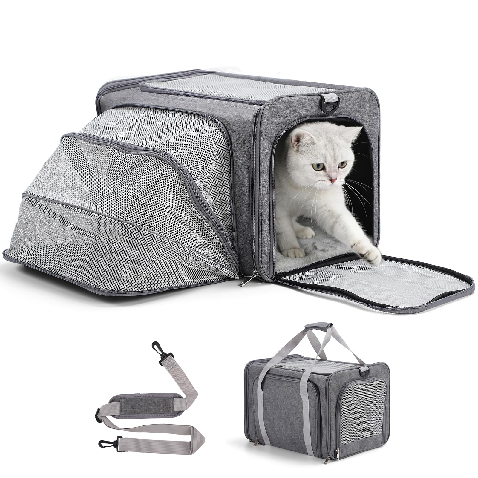 Cat Carrier, Expandable Pet Travel Carrier, Airline Approved Soft Sided Cat Travel Bag with Safety Belt，Adjustable Carry Handle & Shoulder Strap, Portable Cat Bag for Small Pet Dog Kittens