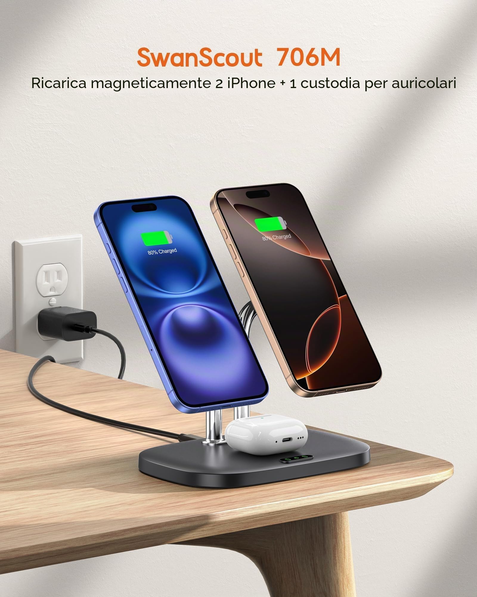 SwanScout Caricatore Wireless Doppio per iPhone 17/17e/Air, Stazione di Ricarica per iPhone 16/15/14/13/12 Serie, Ricarica Wireless per Air Pods Pro 3/Pro 2 (Nero) | Caricatore magnetico doppio per iPhone Air/serie 16/15/14/13/12, stazione di ricarica per