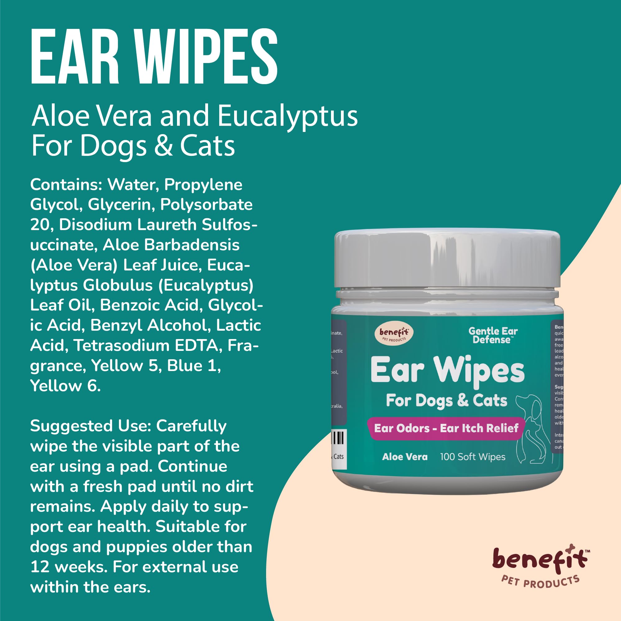 Benefit Pet Products Dog Ear Wipes - Ear Cleaner for Dogs to Prevent Infections, Itching & Odor - Aloe & Eucalyptus, Grooming Wipes - 100 Count - image 6
