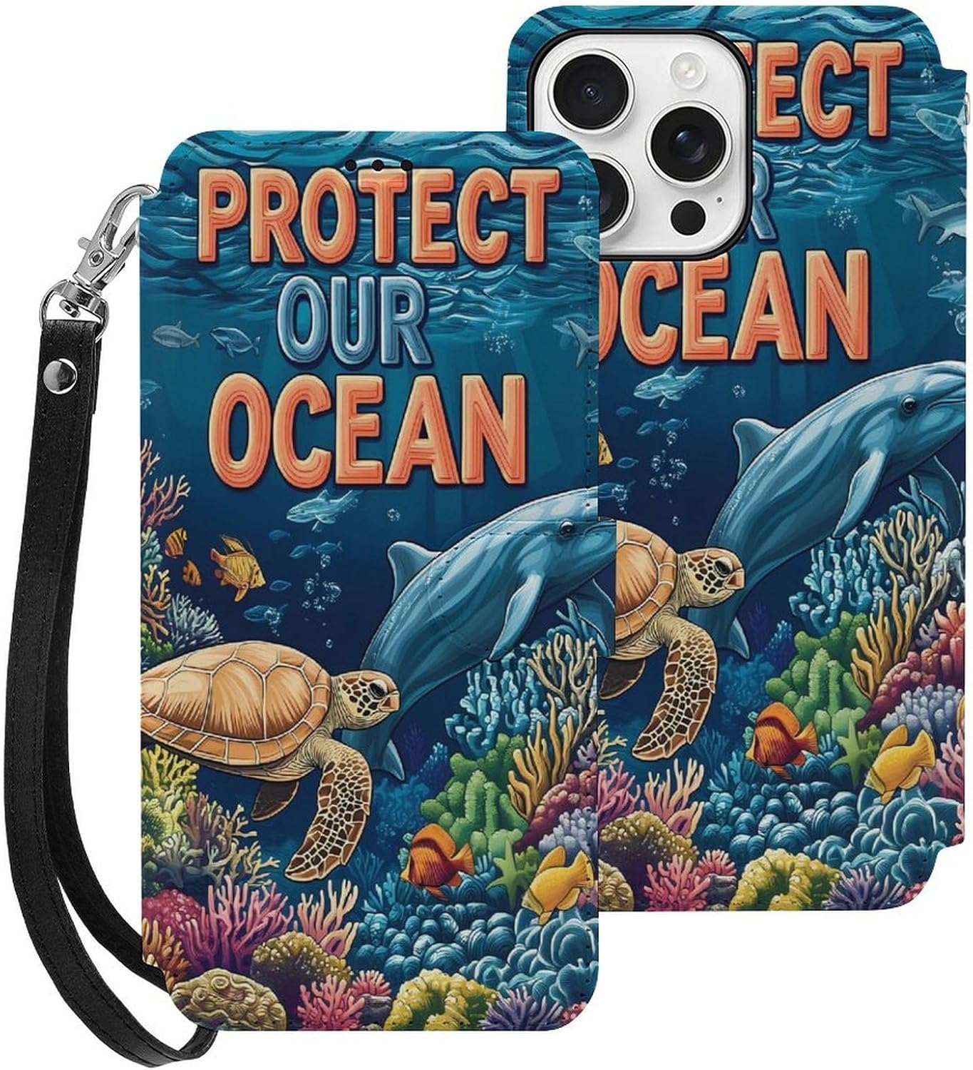 Protect Our Ocean Compatible with iPhone 16/16 Plus/16 Pro/16 Pro Max/16 E Case Phone Wallet Card Holder Flip Cover with Wrist Strap