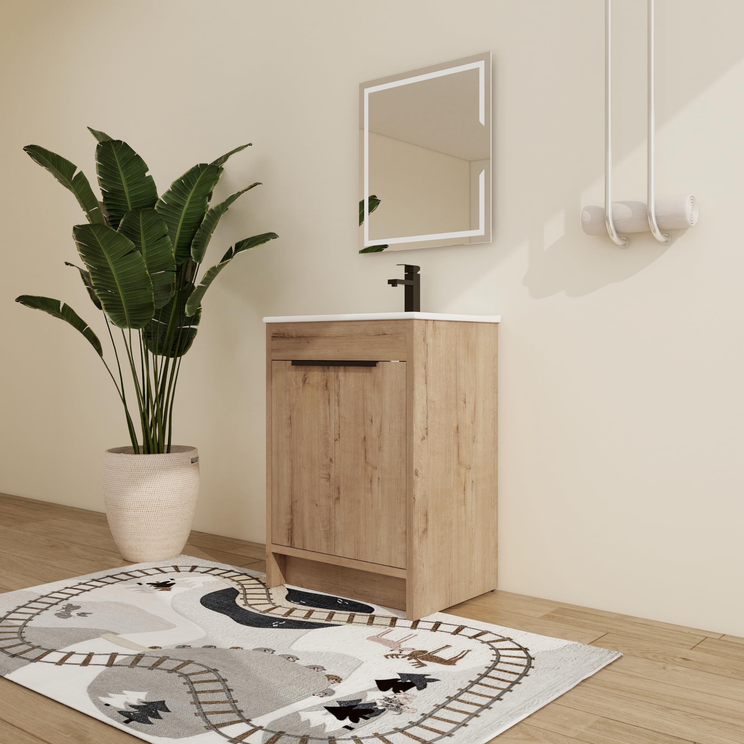 MalweeMalwee 24 Inch Freestanding Bathroom Vanity with Sink, 24'' Floor Standing Bathroom Vanity, Modern Vanity with 2 Doors and White Ceramic Basin Sink Top (024-24)