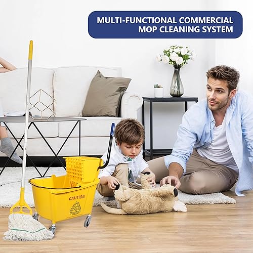 Miniatura 5 de Combo de cubo de fregona y escurridor de prensa lateral de 35 cuartos de galón en ruedas, color amarillo, para limpieza de suelostrapeador húmedo,