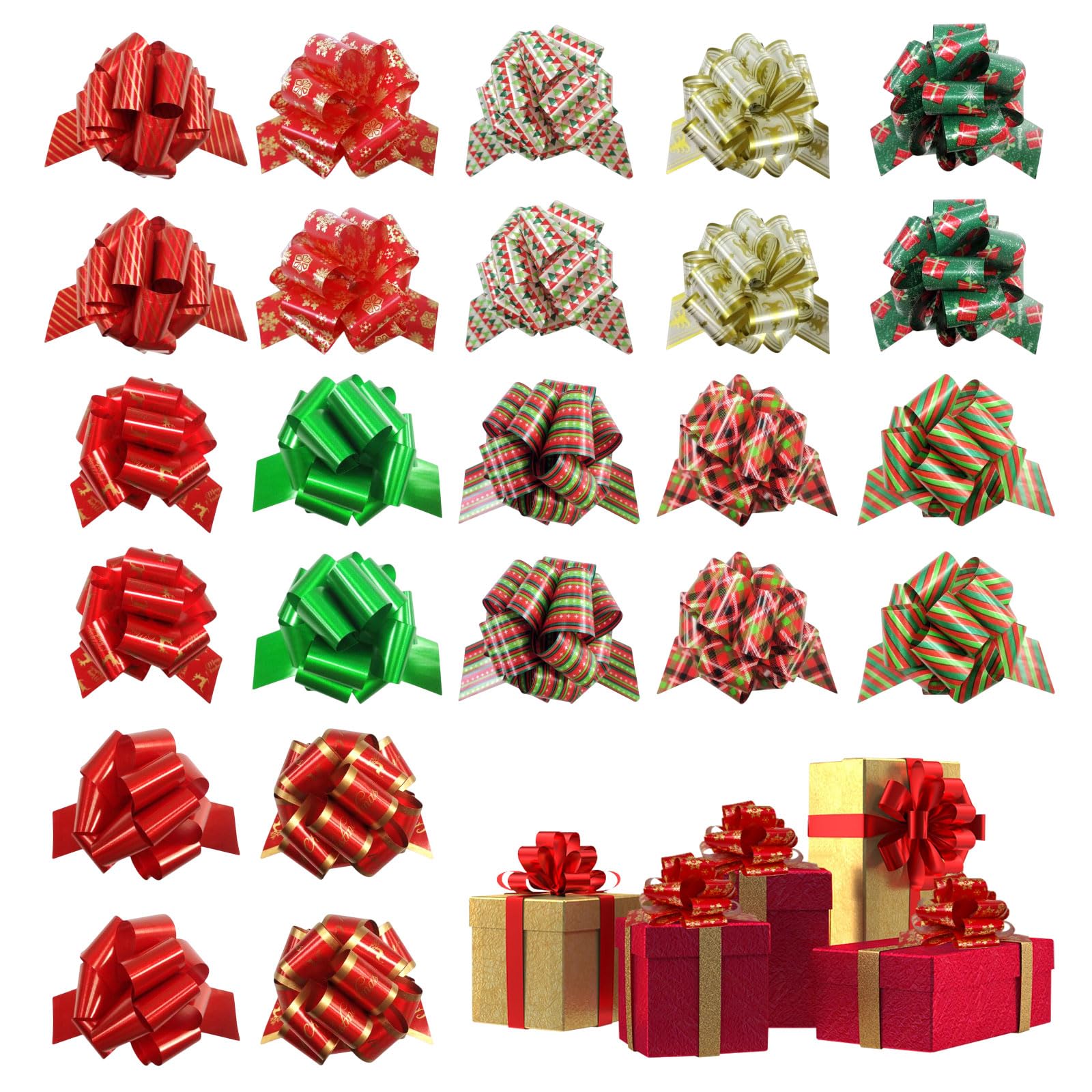 TUONYIS 24 Pieces Christmas Wrap Pull Bows with Ribbon,Christmas Pull Bows,Bows for Gift Wrapping,Christmas Decorations for Present Wedding Car Gift Baskets Christmas Party Bouquets (24 PCS)