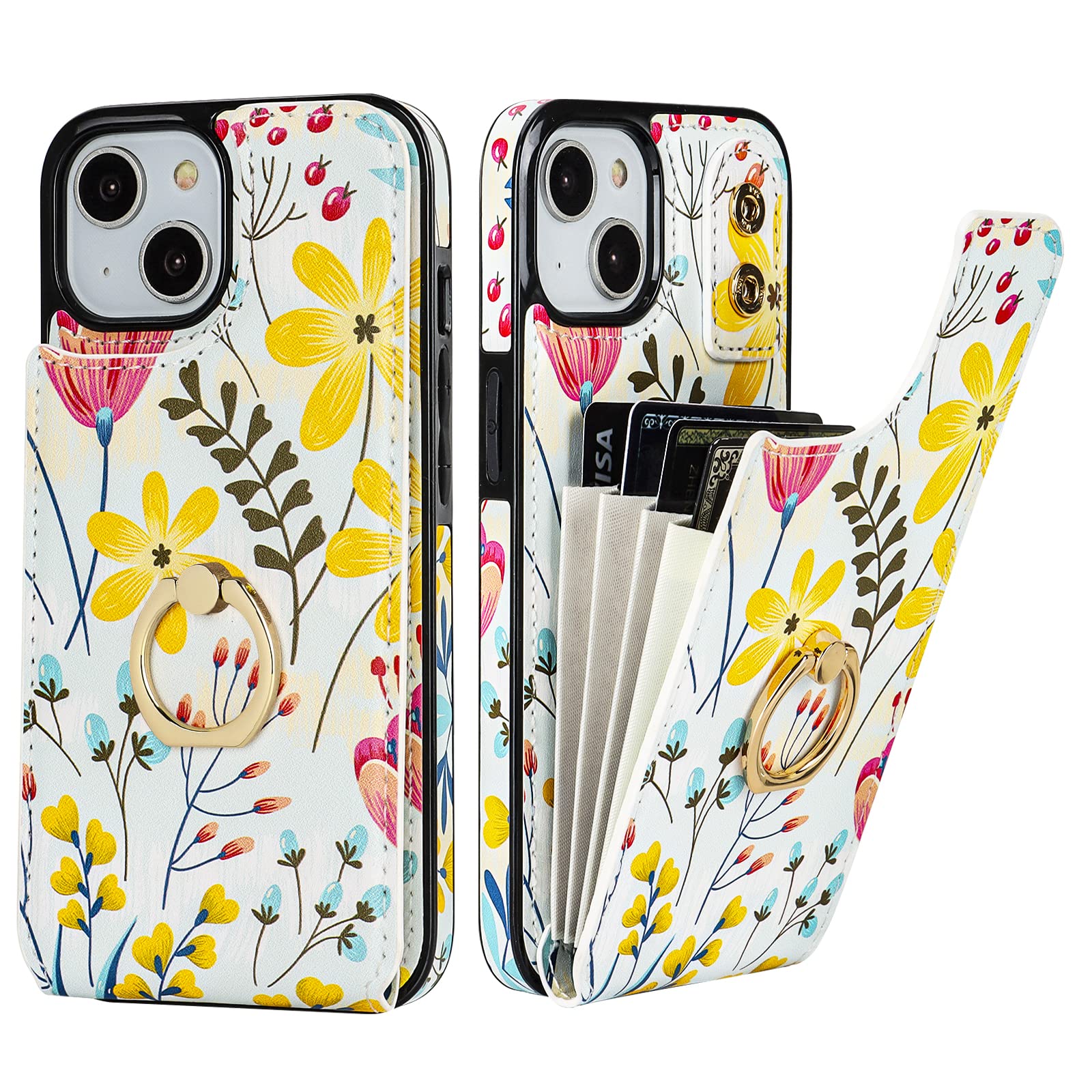 HAOPINSH for iPhone 13/ iPhone 14 Wallet Case with Card Holder, 360°Rotation Ring Kickstand, Floral Flower Pattern, RFID Blocking Leather for Girls