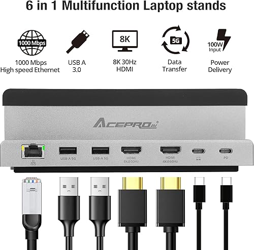 Miniatura 2 de Soporte para portátil USB-C de 14 pulgadas con estación de acoplamiento de doble pantalla, concentrador de soporte para tableta, organizador de
