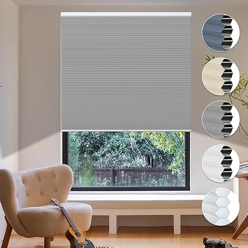 HOMEDEMO Blackout Cellular Shades Cordless, Honeycomb Shade Blinds, Thermal Insulated Noise Reduction for Windows Inside & Outside Mount Grey-Blackout 28" W x 64" H