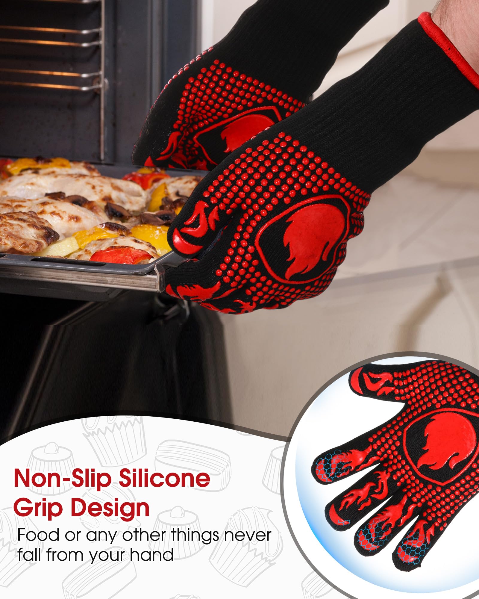 2 pares de guantes de barbacoa 1472 resistentes al calor, guantes de parrilla ignífugos, guantes de horno de silicona antideslizantes para asar, cocinar, hornear, freír