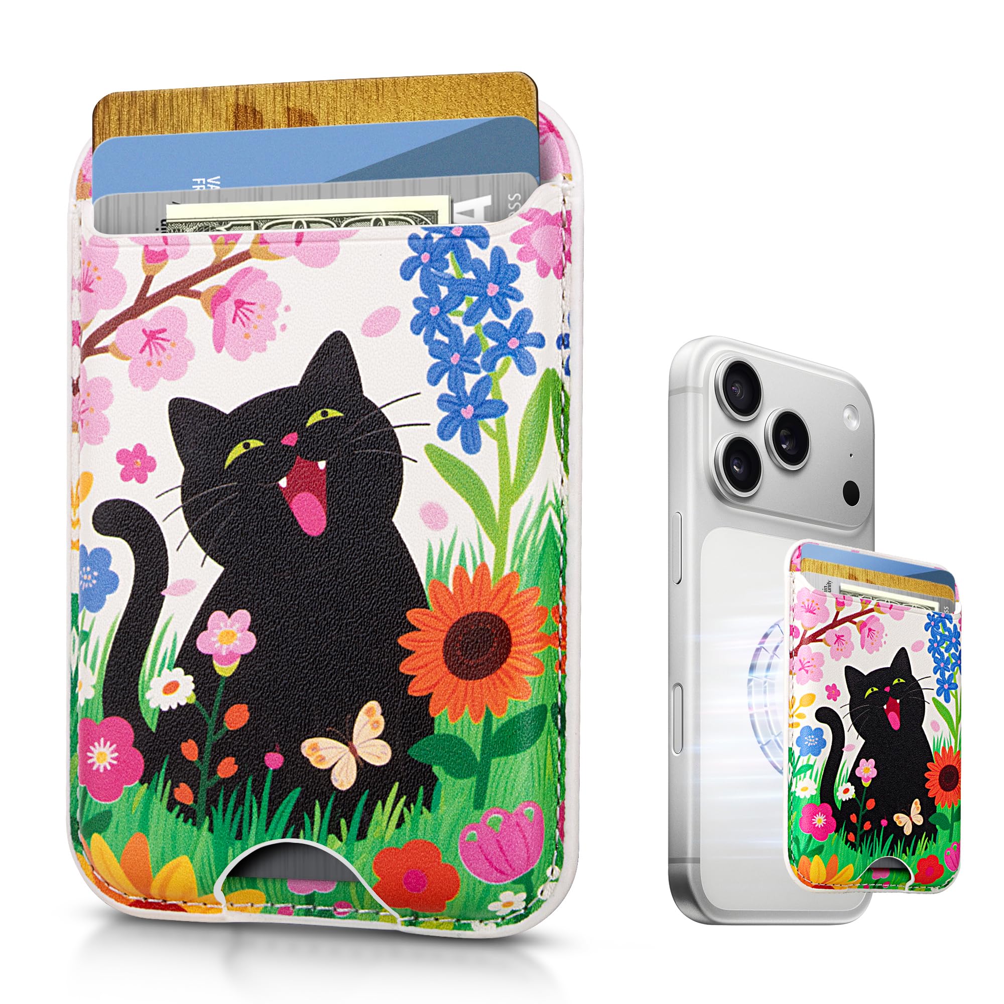 KPNEOL Magnetic Mag-safe Wallet Cell Phone Card Holder for Phone Case | Stronger Magnetic RFID Leather Phone Wallet Stick on for iPhone 17/16/15/14/13/25 Series, Black Cat-image-24