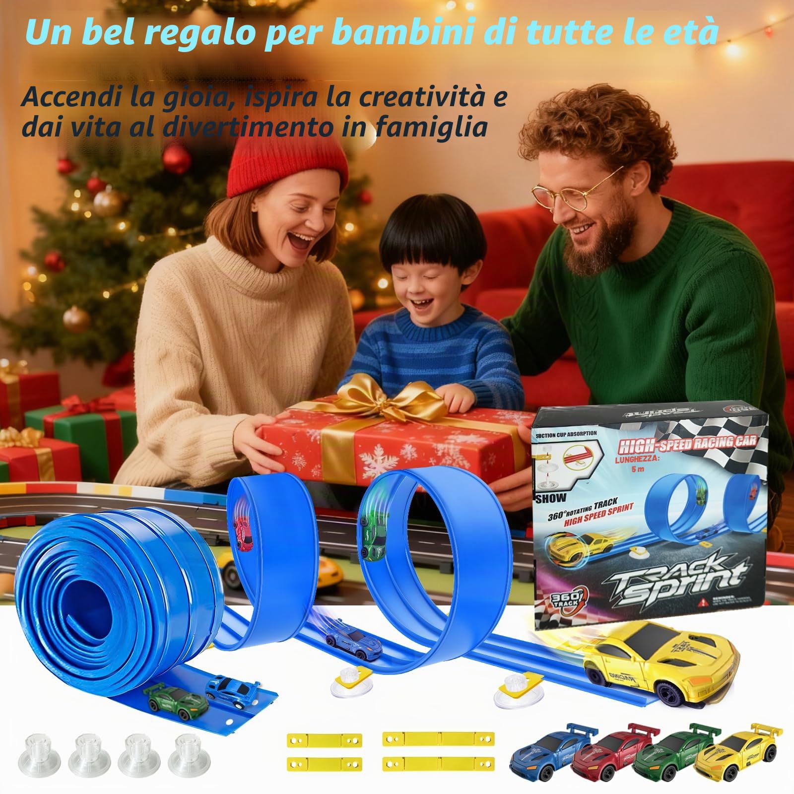 RedCrab Pista da Corsa Flessibile per Bambini, Lunga 5 m Pista da Corsa Flessibile con 4 Macchinine e 4 Ventose, Compatibile con Modellini di Auto Diecast in Scala 1:64