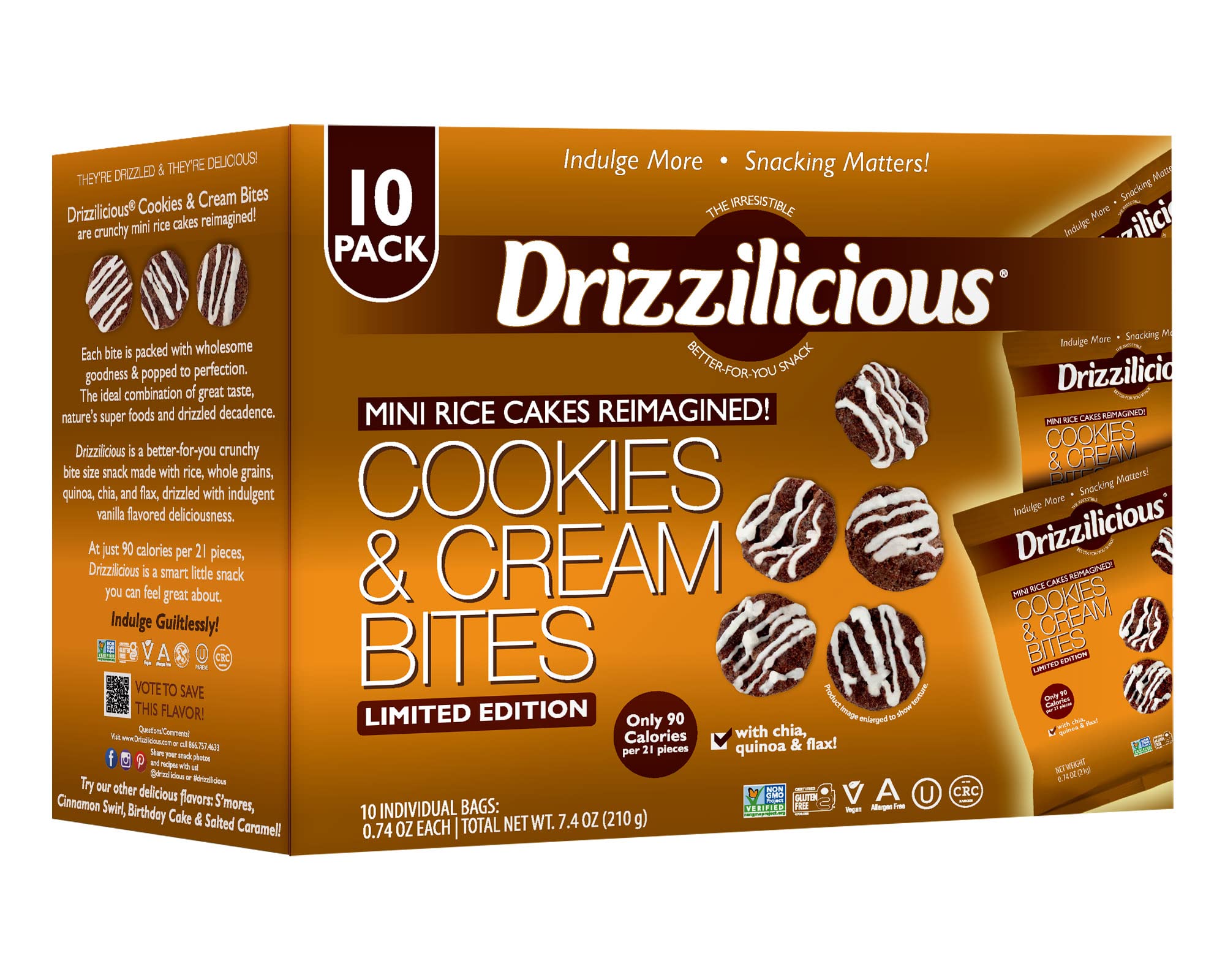 Drizzilicious Cookies & Cream Paquete de 10 | Mini bocadillo de pasteles de arroz de chocolate | Chía, Quinoa, Snacks de lino veganos