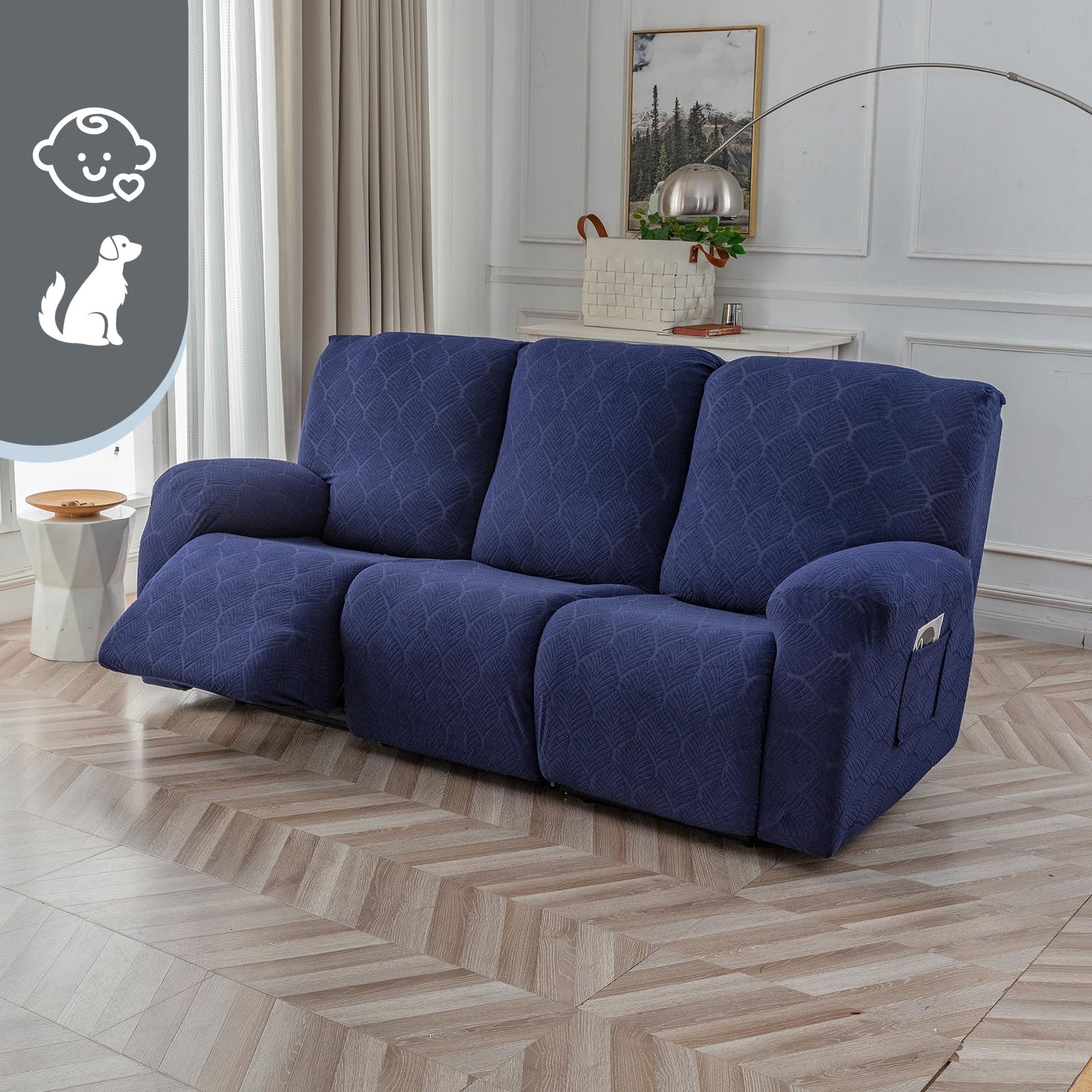 Fundas de sofá reclinable 100% impermeables, 3 piezas elásticas para sofá reclinable de 3 plazas, aptas para mascotas, fundas de muebles lavables para perros, mascotas y niños (azul marino, 3 7