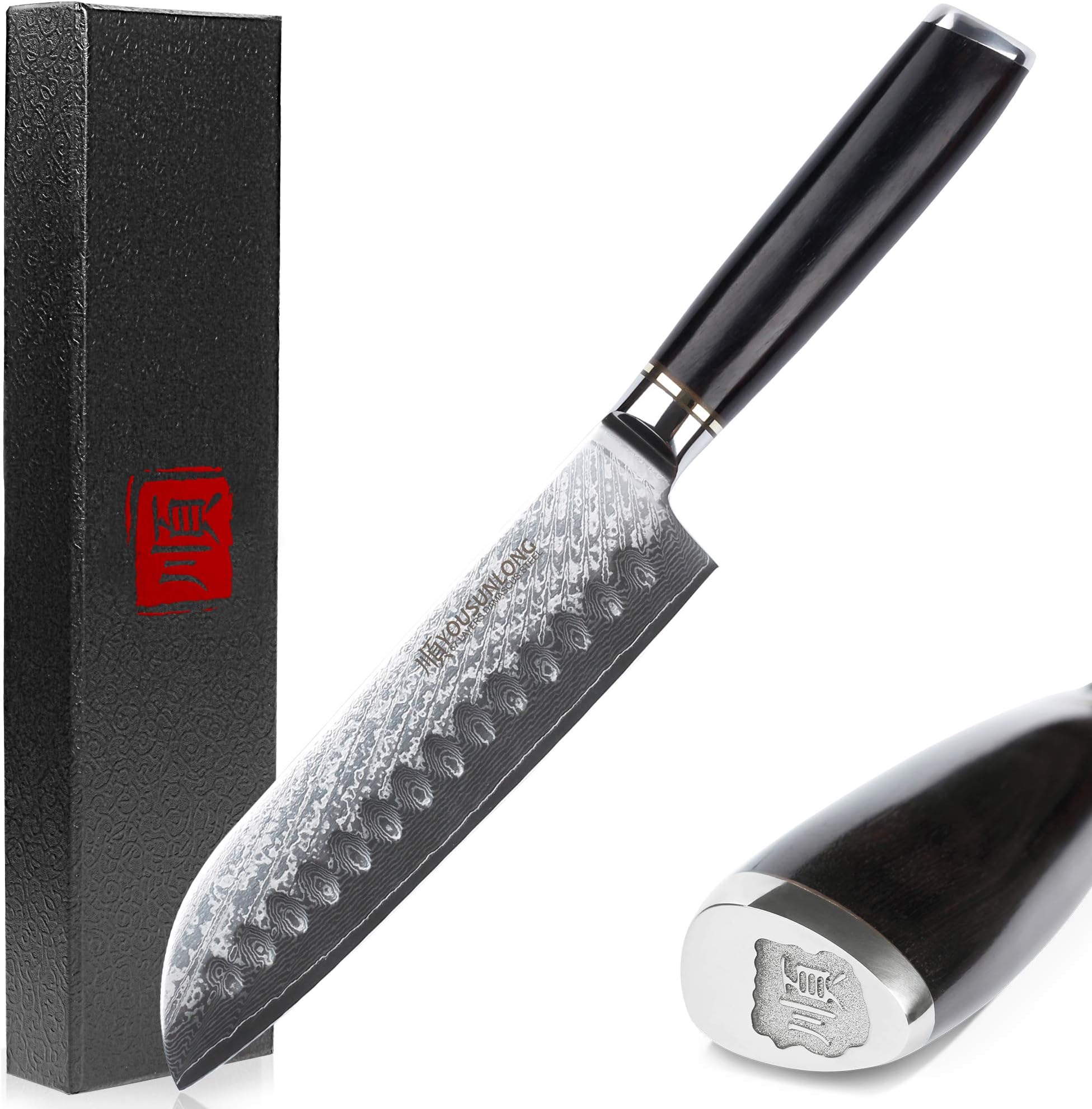SUNLONGSantoku Knives 7 inch Chef's Knives Japanese Damascus Steel Natural Leadwood Handle