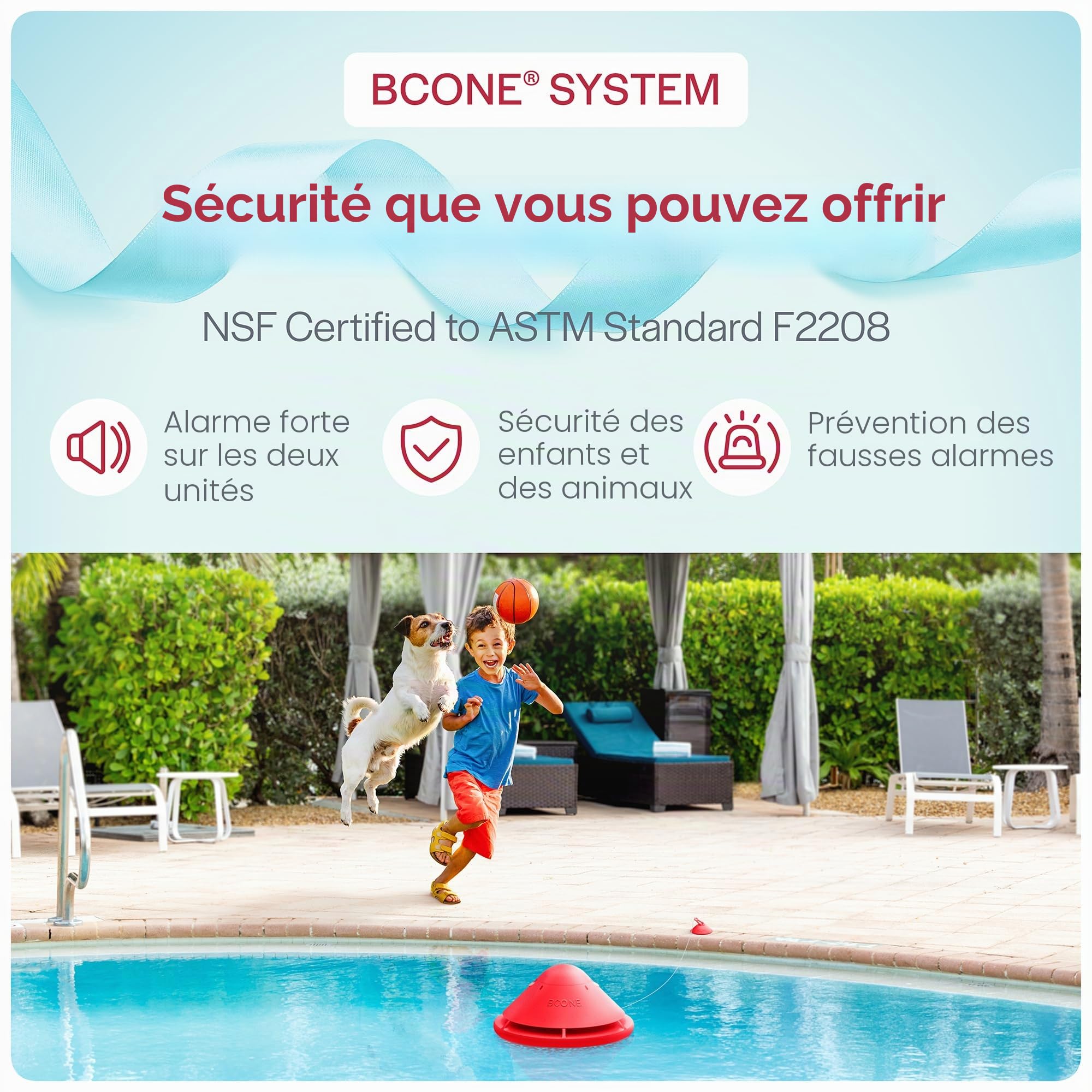 BCone Alarme de Sécurité pour Piscine Flottante Connectée, Sirène Puissante, Application Mobile, Détection de Chute, Protection Enfants et Animaux, Installation Rapide