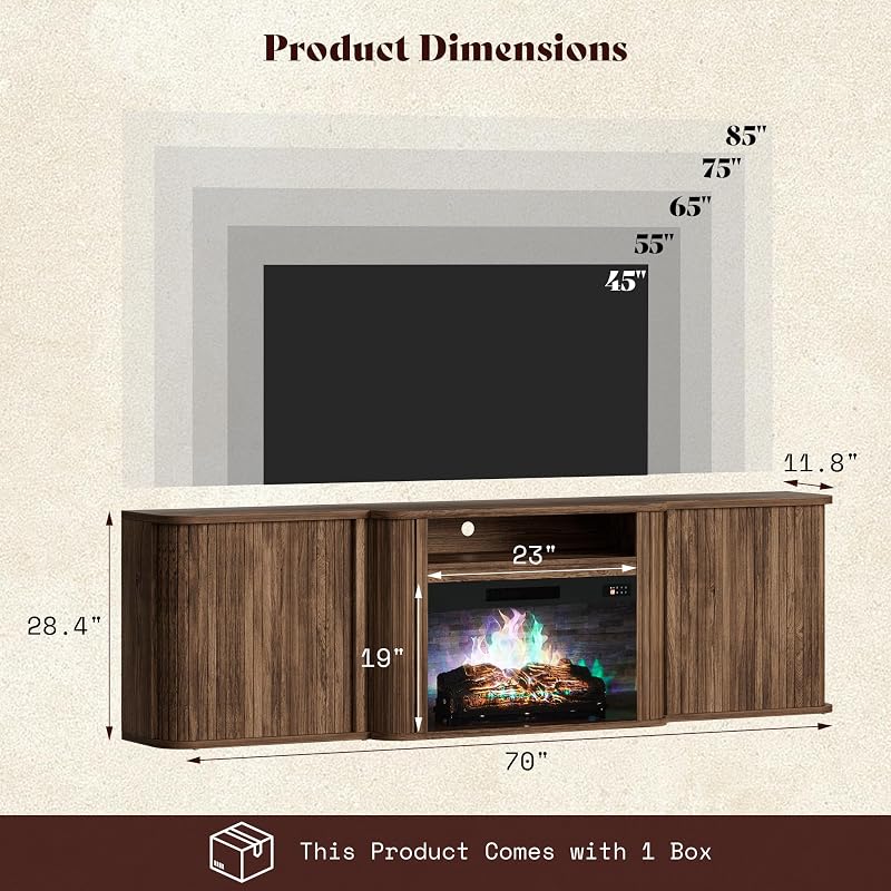 AMERLIFE 70" Fluted Electric Fireplace TV Stand, Mid Century Modern, Walnut image 2
