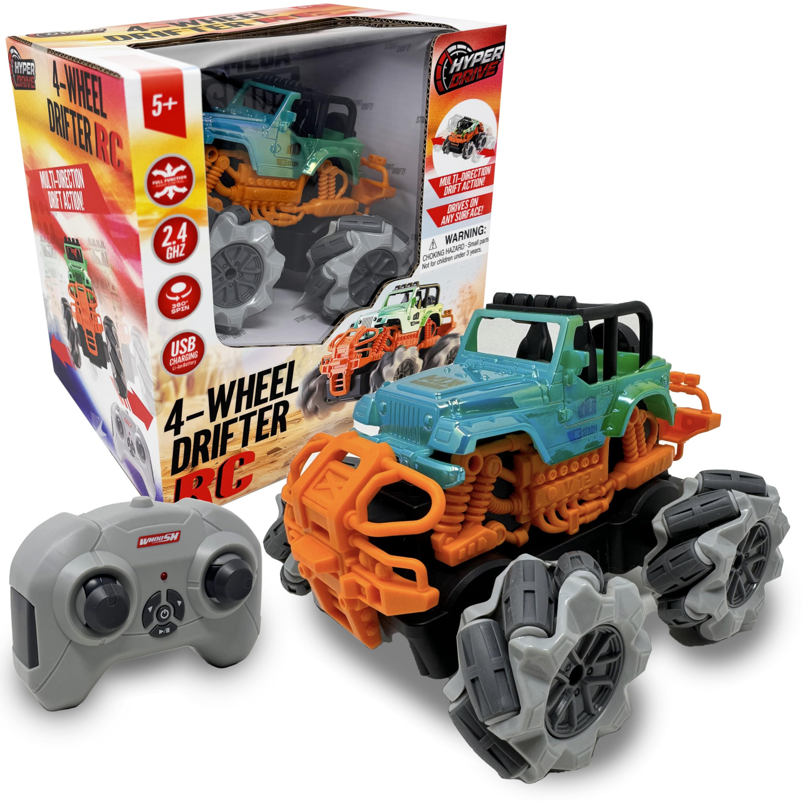 Hyper Drive RC Drifter 4-Wheel Drive 1:24 Scale Remote Control Car with Sideways Crab Movement, USB Rechargeable Battery, Metallic Finish