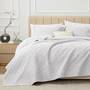 EXQ Home Quilt Set Twin Size White 2 Piece,Lightweight Soft Coverlet Modern Style Squares Pattern Bedspread Set for All Season(1 Quilt,1 Pillow Shams)