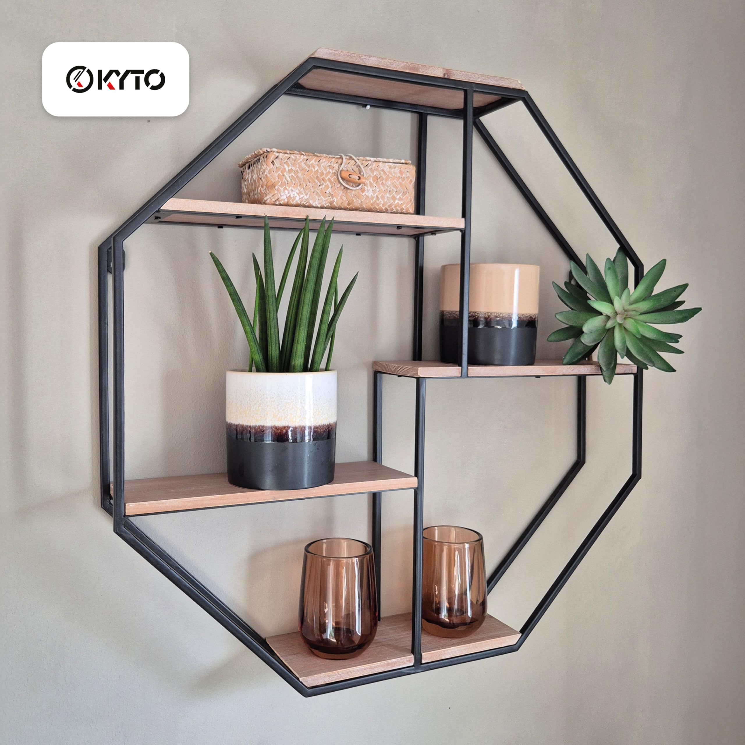 Kyto Wandregal Achteckig 60x60cm Durchmesser, Robustes Oktagon Deko Regal aus Metall Oktagonalform und 5 Holz Ebenen