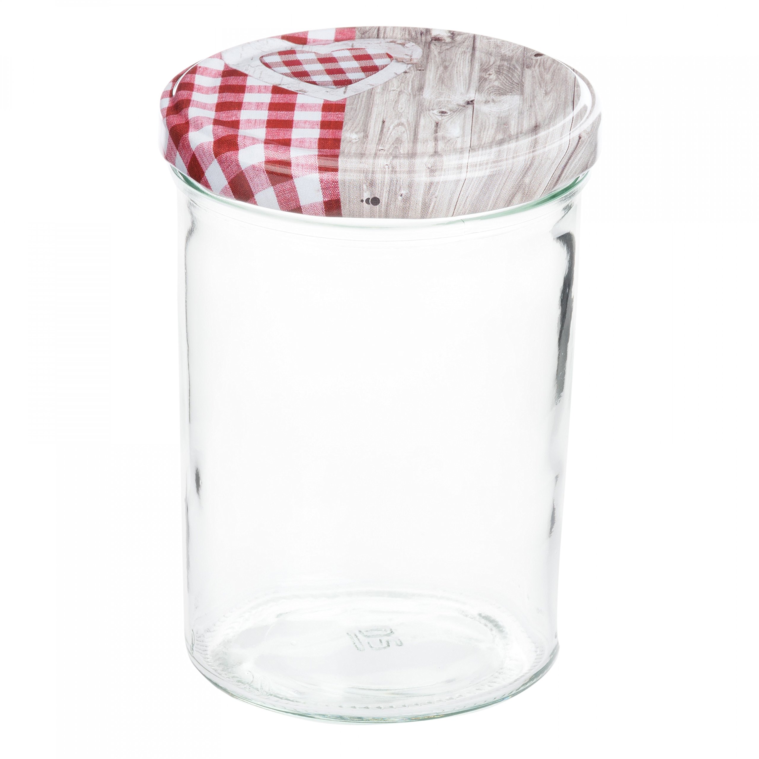 MamboCat 50er 435 ml Sturzglas-Set | Einmachgläser + Twist-Off-Deckel Holz-Herz rotkariert + GRATIS Rezeptheft | einkochen & konservieren | backofengeeignet