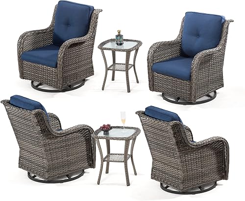 Miniatura 76 de Juego de 2 sillas de patio giratorias de 360 grados para exteriores y mesa auxiliar a juego – 3 sillas deslizantes de mimbre para patio con cojines