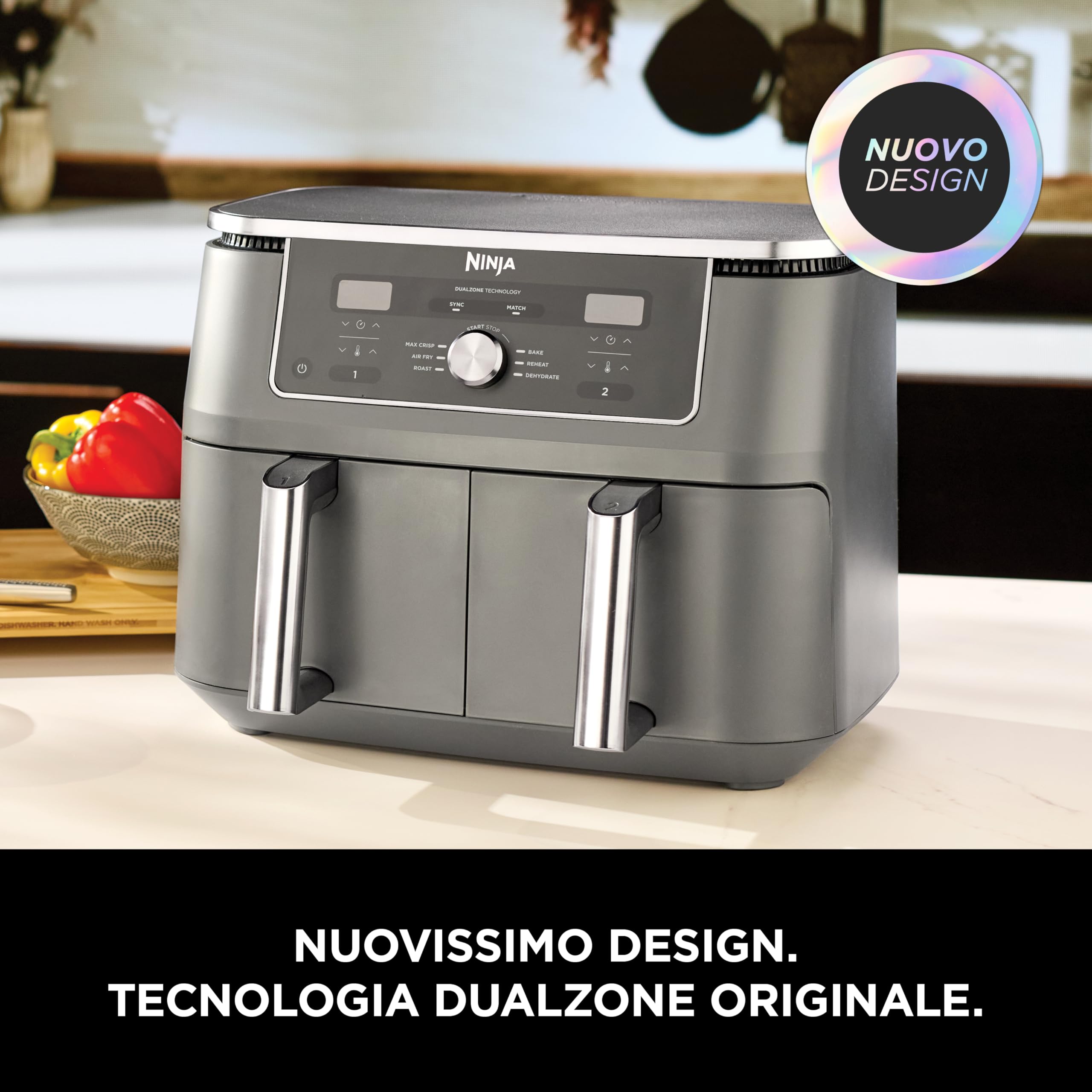 Ninja MAX Doppia Zona, Friggitrice ad Aria Digitale, Grigio/Piombo, DZ400EU | Cottura Senza Olio in 2 Cestelli Antiaderenti, Lavabili in Lavastoviglie, Capienza Totale 9,5L